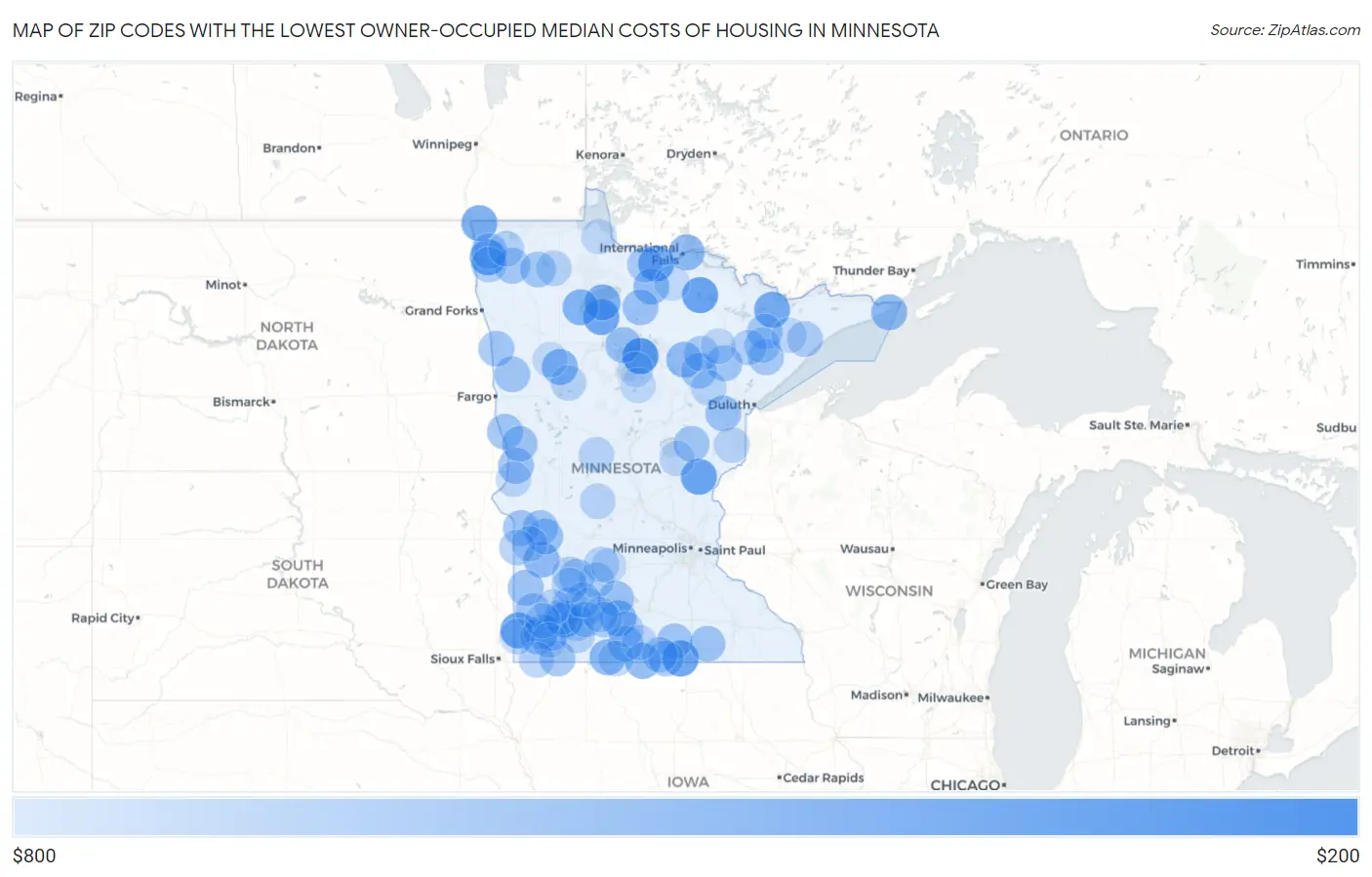 Zip Codes with the Lowest Owner-Occupied Median Costs of Housing in Minnesota Map