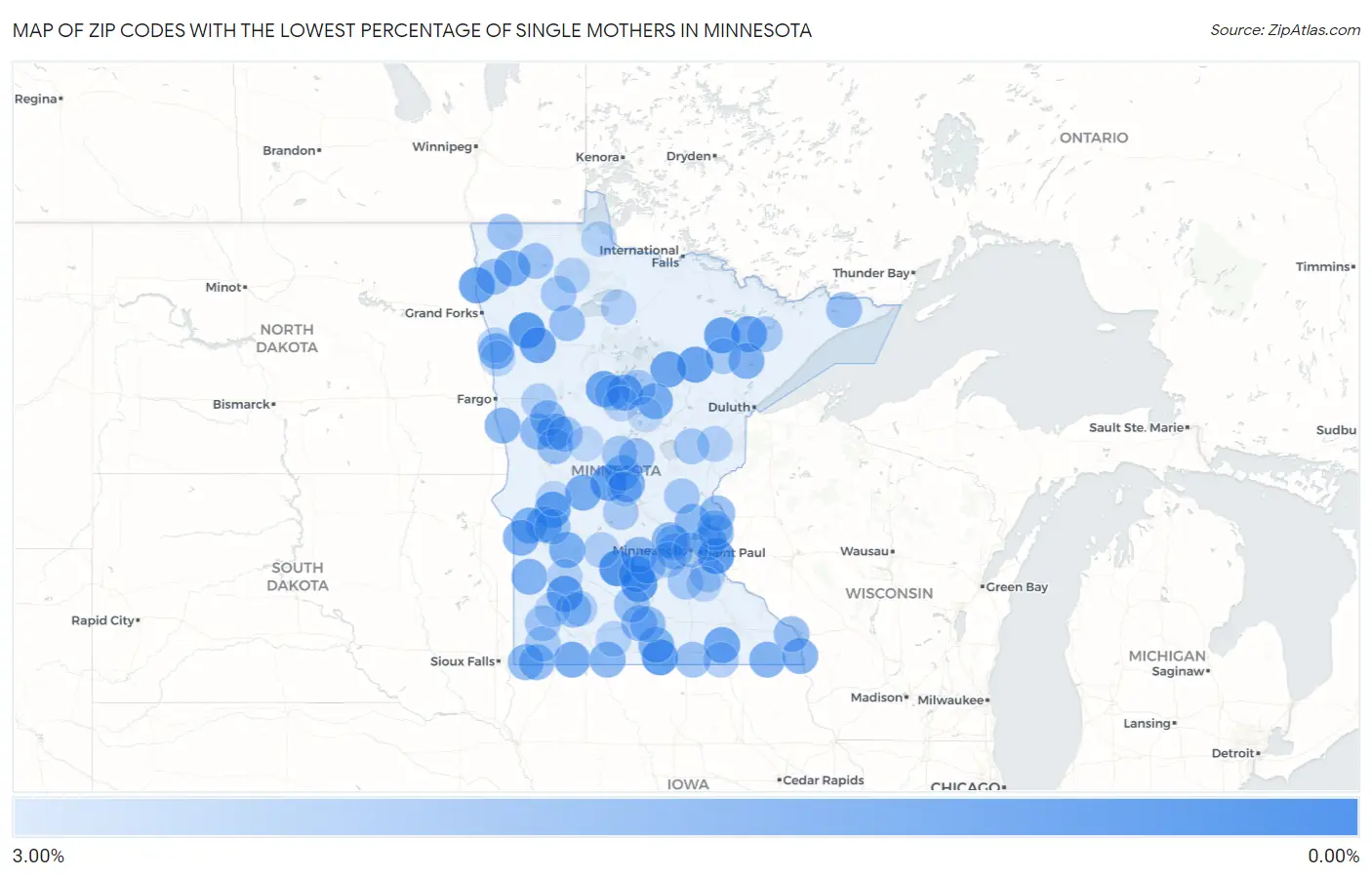 Zip Codes with the Lowest Percentage of Single Mothers in Minnesota Map