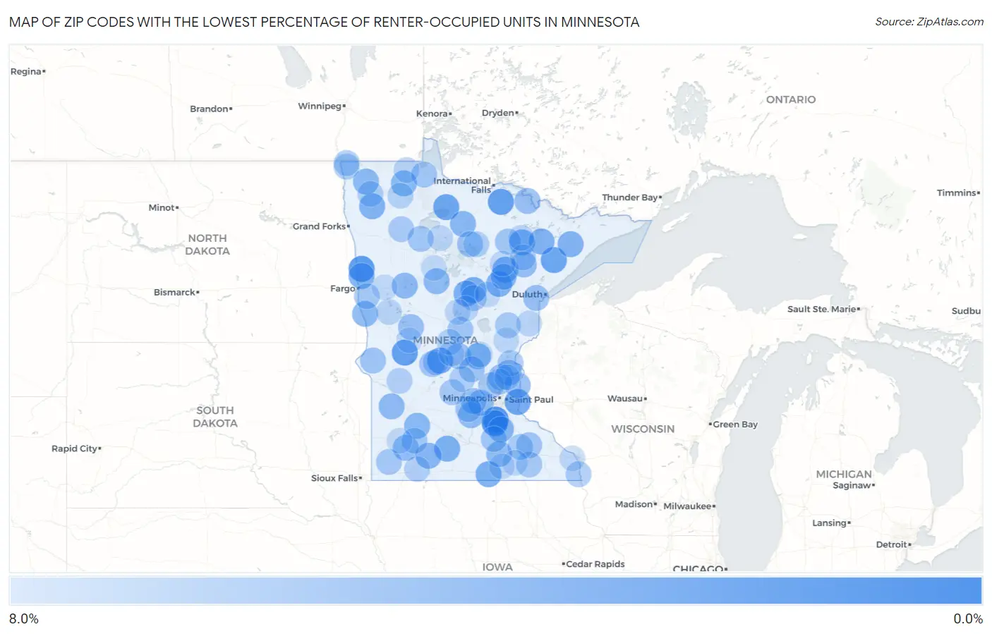 Zip Codes with the Lowest Percentage of Renter-Occupied Units in Minnesota Map