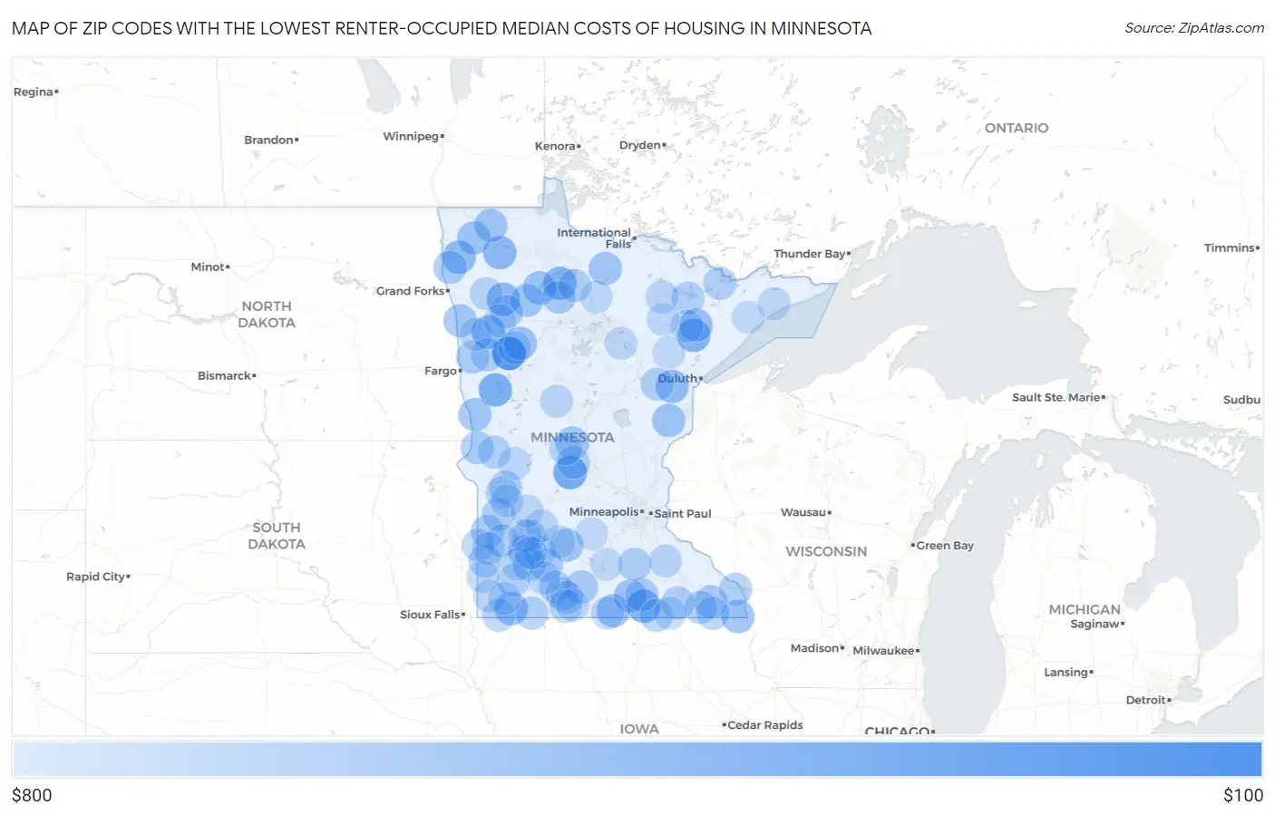 Zip Codes with the Lowest Renter-Occupied Median Costs of Housing in Minnesota Map