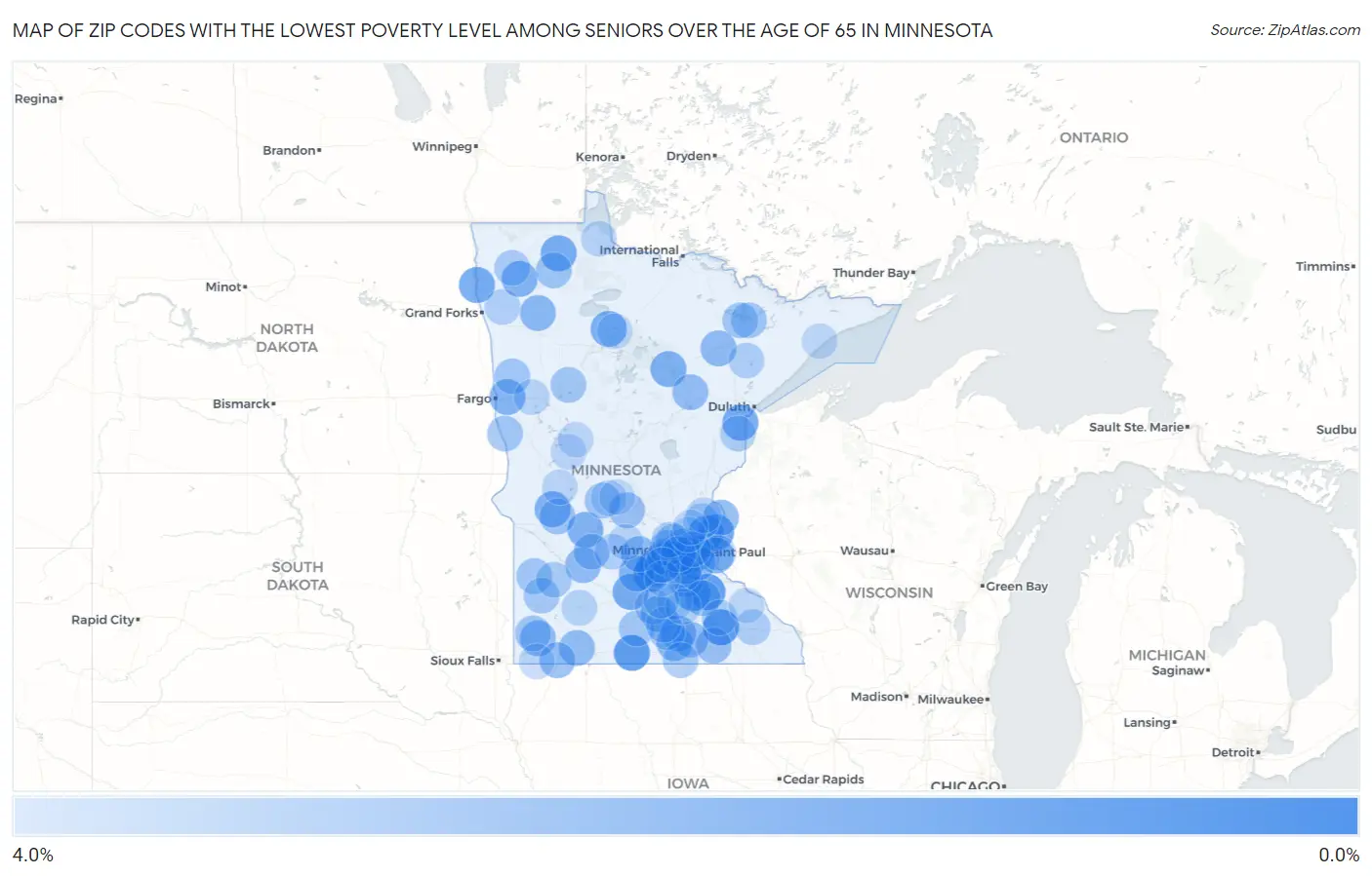 Zip Codes with the Lowest Poverty Level Among Seniors Over the Age of 65 in Minnesota Map