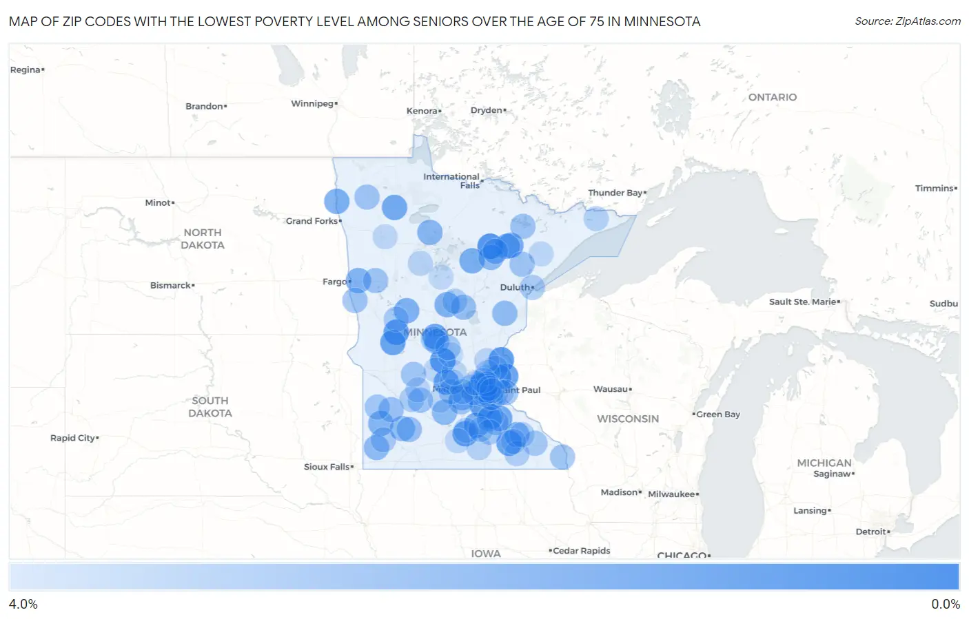Zip Codes with the Lowest Poverty Level Among Seniors Over the Age of 75 in Minnesota Map