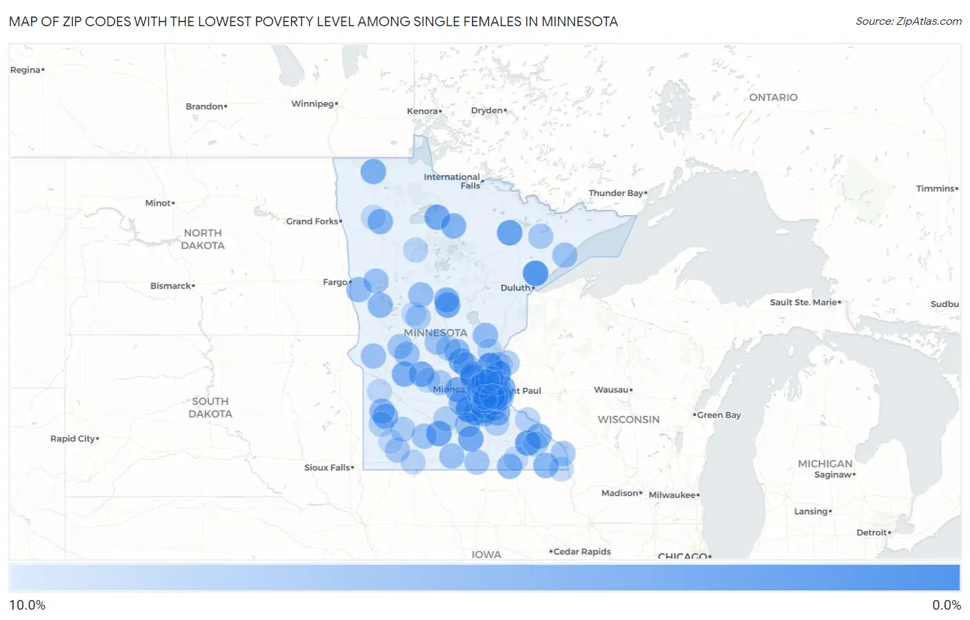 Zip Codes with the Lowest Poverty Level Among Single Females in Minnesota Map
