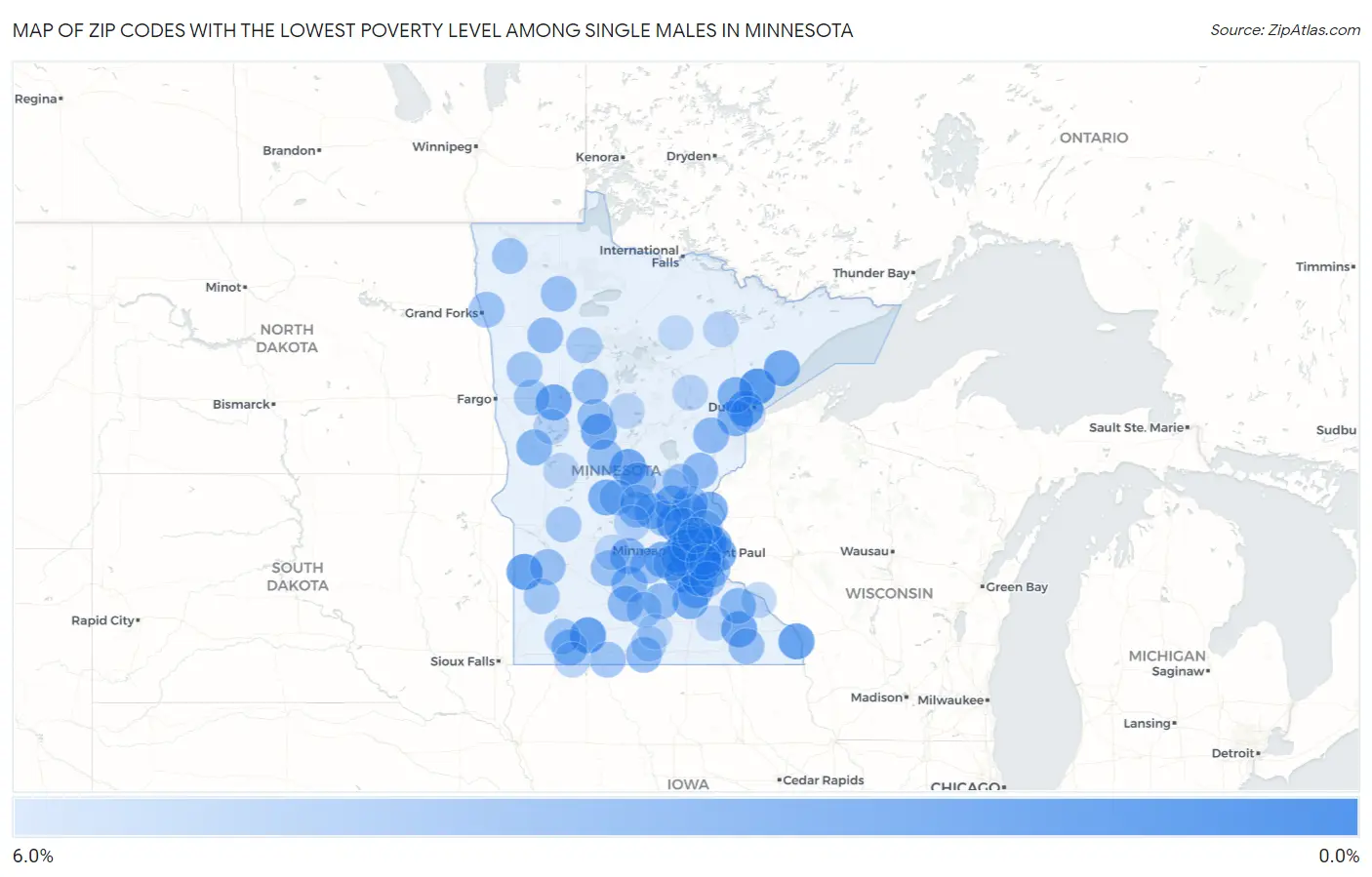 Zip Codes with the Lowest Poverty Level Among Single Males in Minnesota Map
