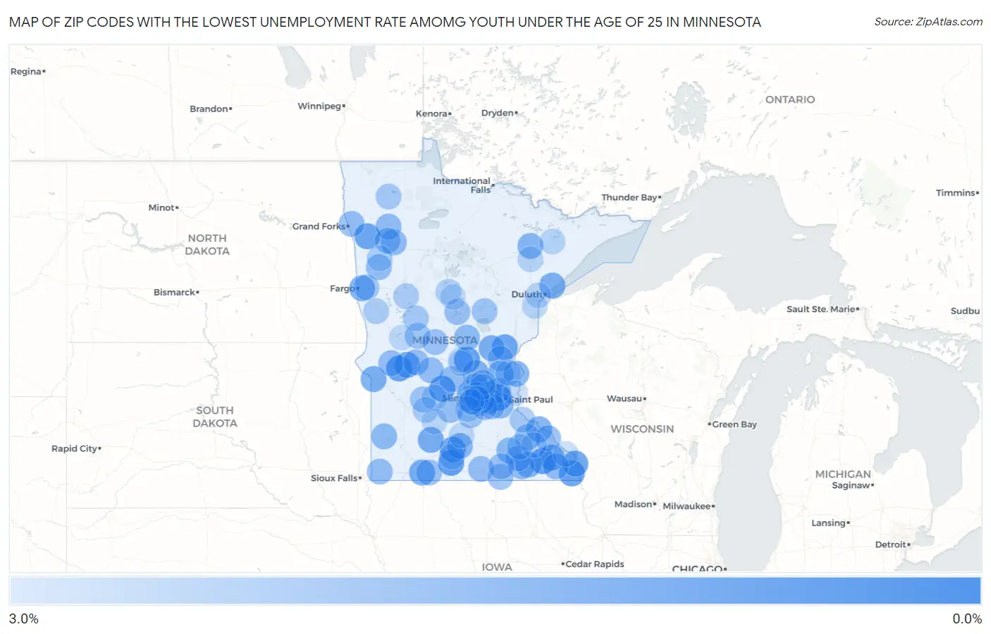 Zip Codes with the Lowest Unemployment Rate Amomg Youth Under the Age of 25 in Minnesota Map
