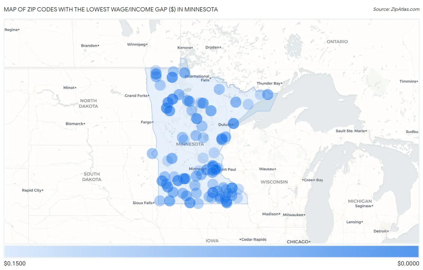 Zip Codes with the Lowest Wage/Income Gap ($) in Minnesota Map