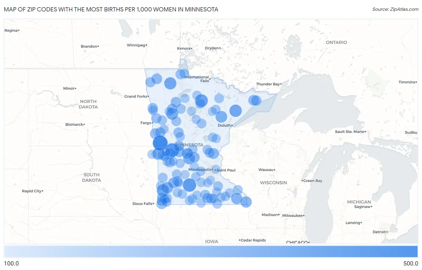 Zip Codes with the Most Births per 1,000 Women in Minnesota Map
