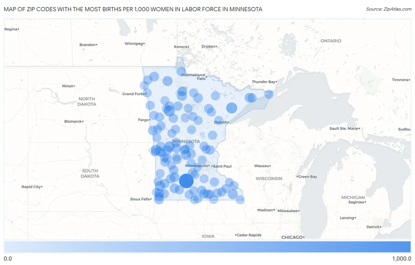 Zip Codes with the Most Births per 1,000 Women in Labor Force in Minnesota Map