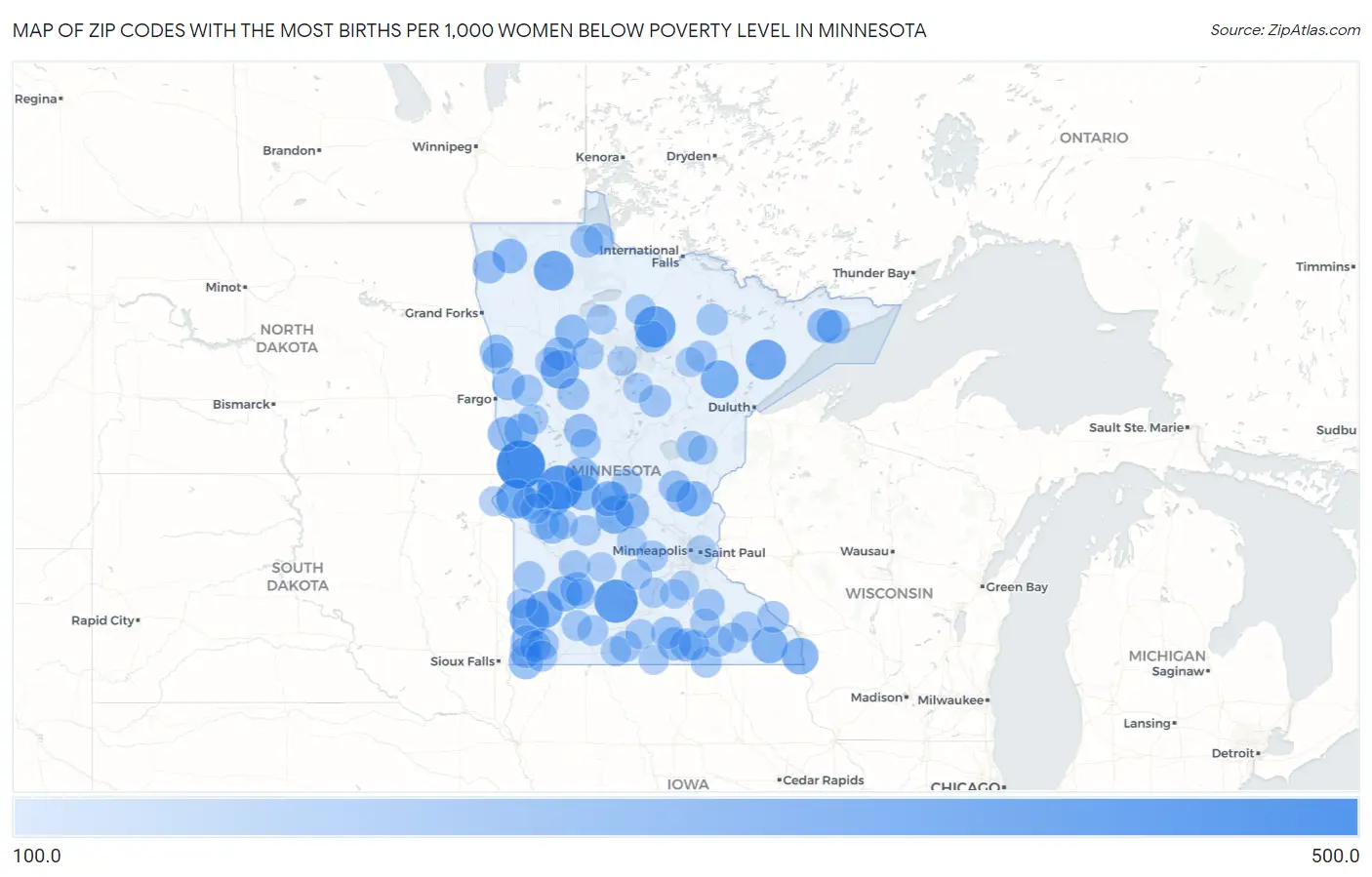 Zip Codes with the Most Births per 1,000 Women Below Poverty Level in Minnesota Map