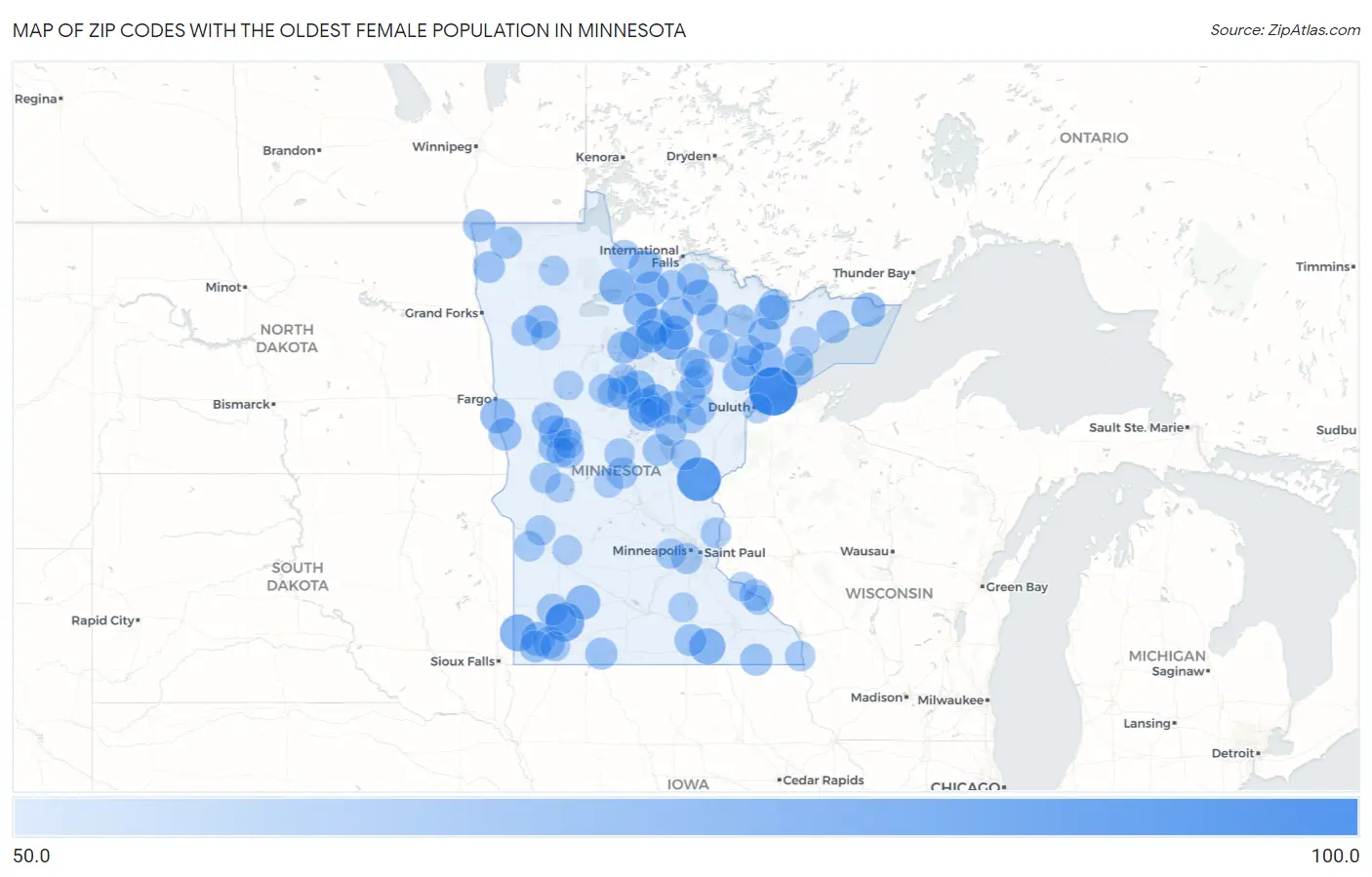 Zip Codes with the Oldest Female Population in Minnesota Map