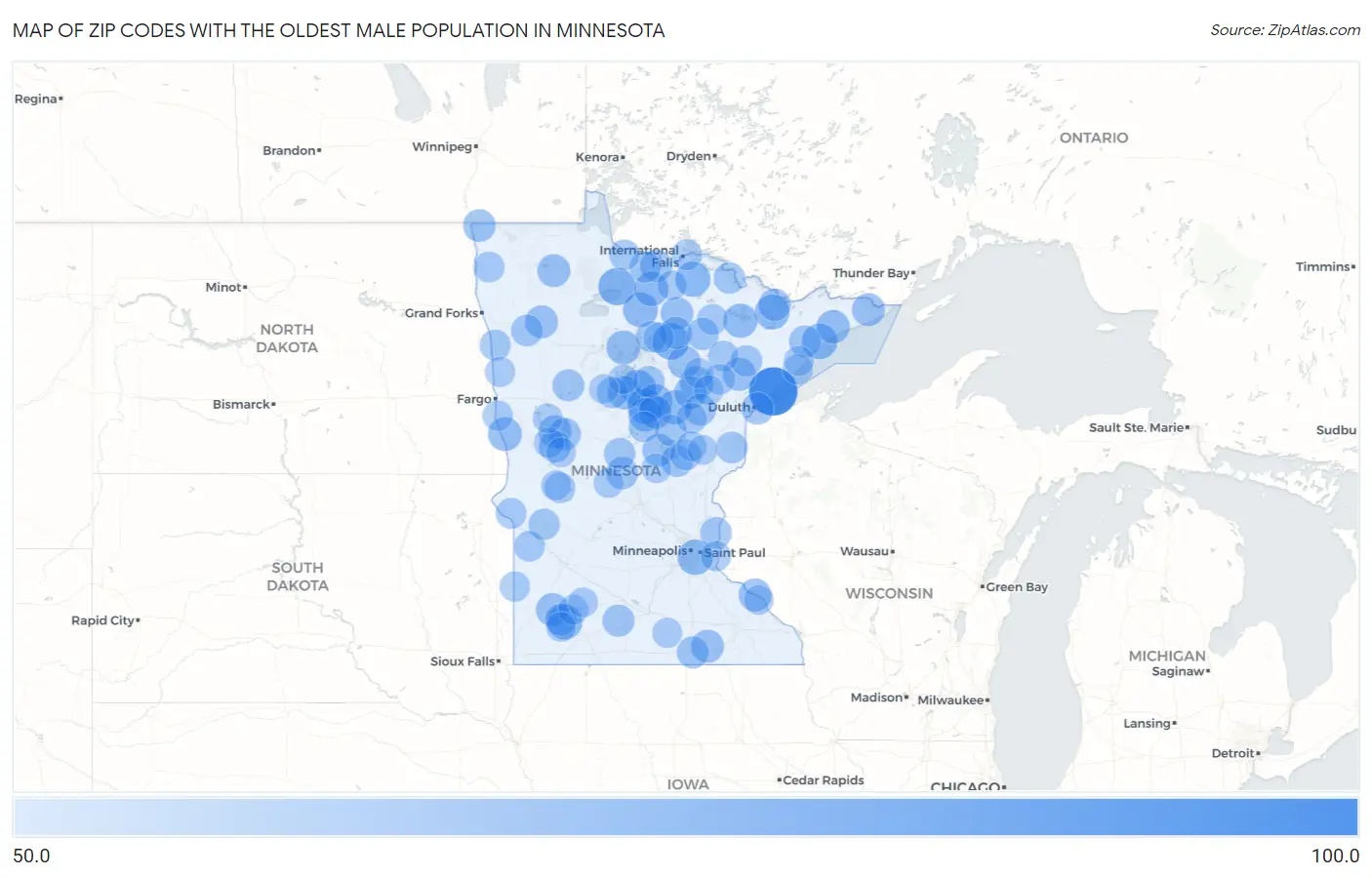 Zip Codes with the Oldest Male Population in Minnesota Map
