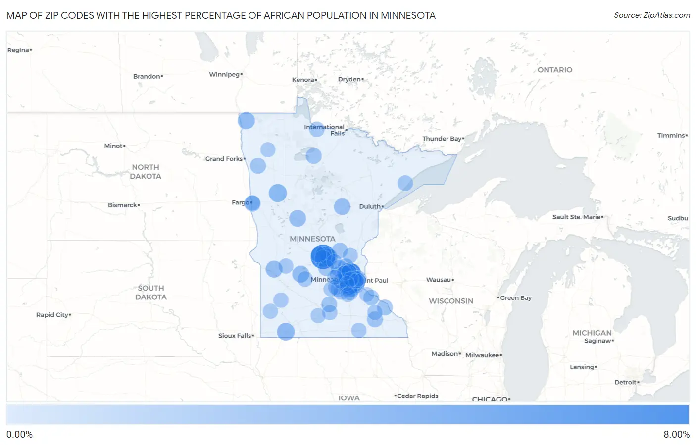 Zip Codes with the Highest Percentage of African Population in Minnesota Map