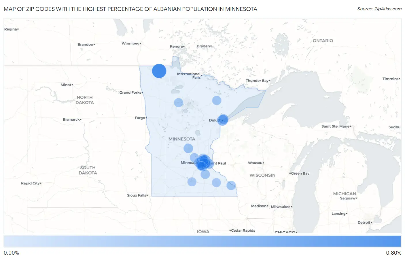 Zip Codes with the Highest Percentage of Albanian Population in Minnesota Map