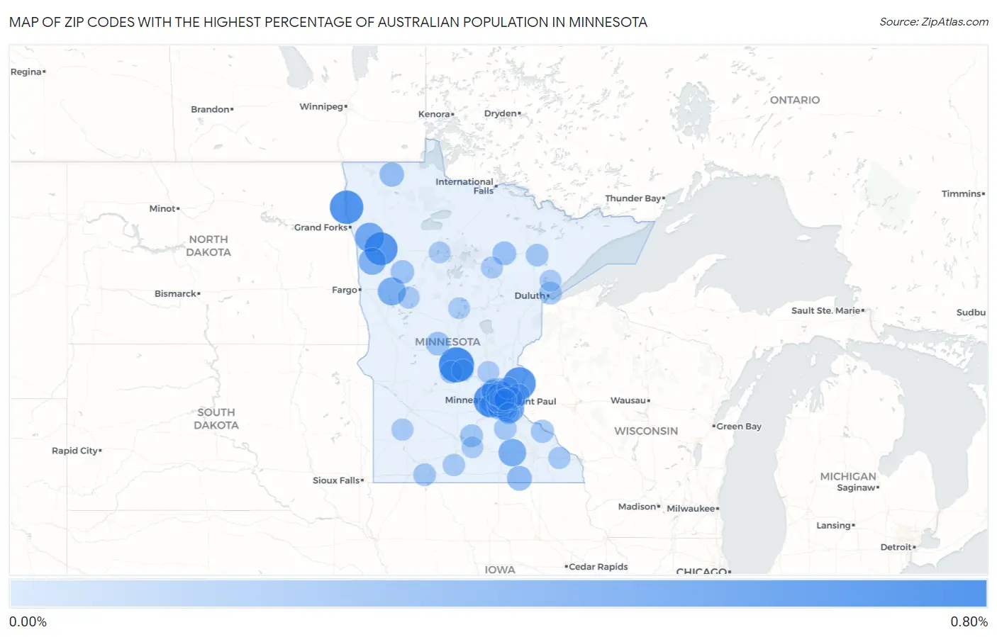Zip Codes with the Highest Percentage of Australian Population in Minnesota Map