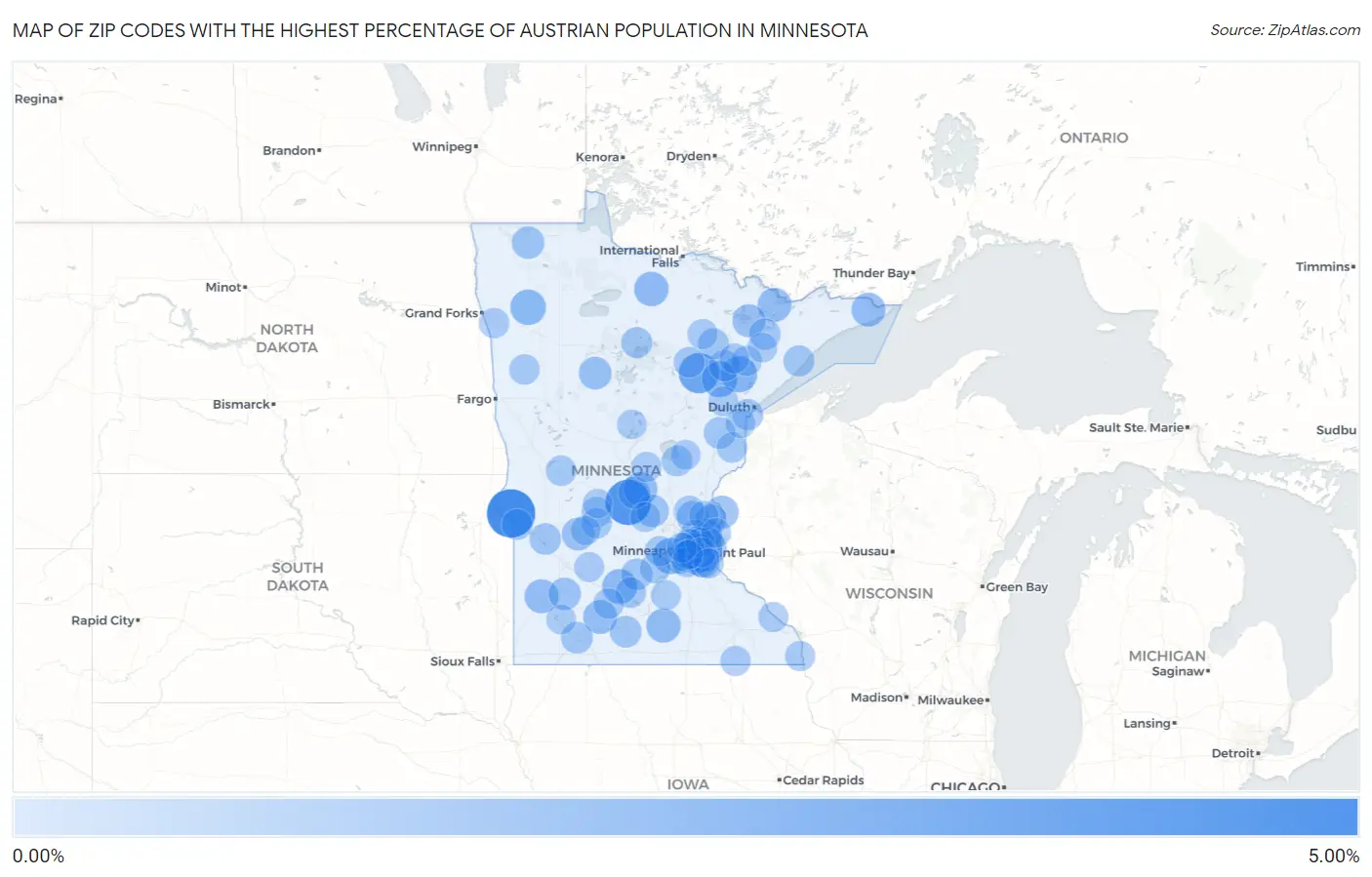 Zip Codes with the Highest Percentage of Austrian Population in Minnesota Map