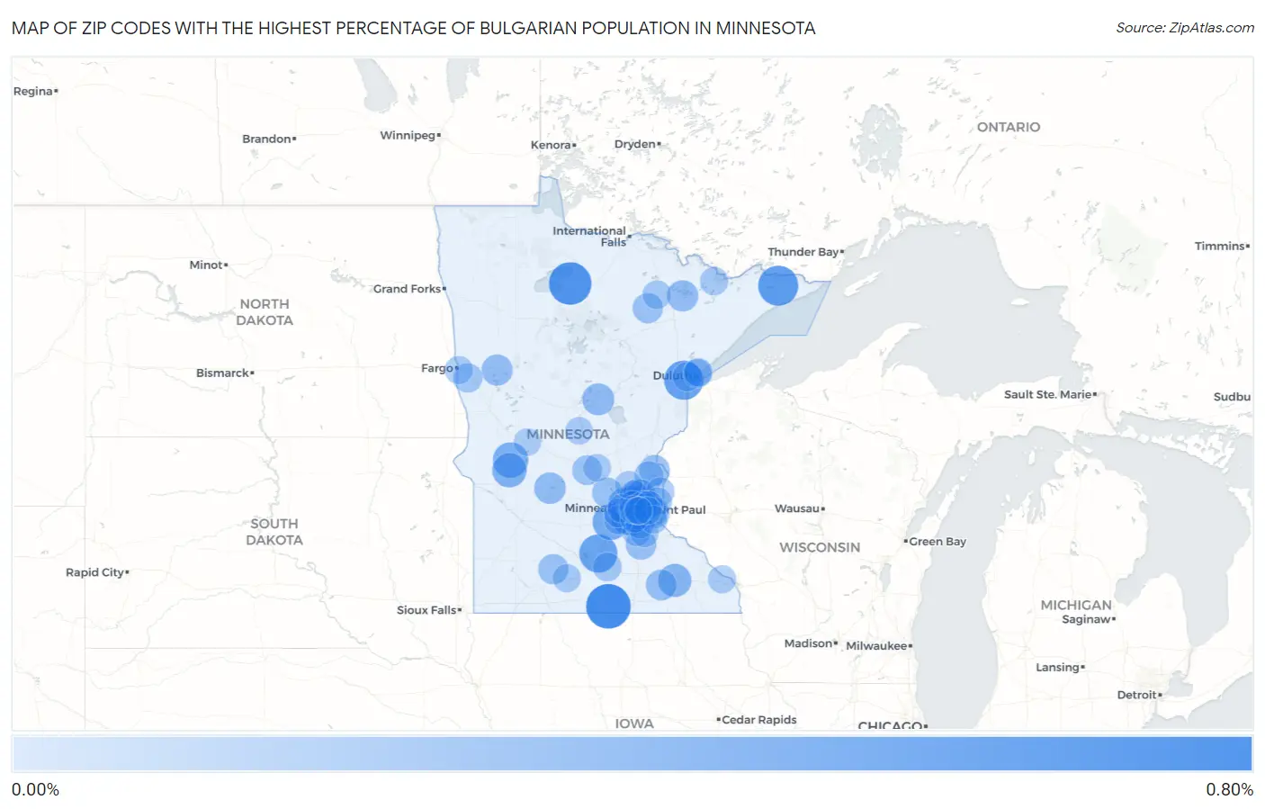 Zip Codes with the Highest Percentage of Bulgarian Population in Minnesota Map