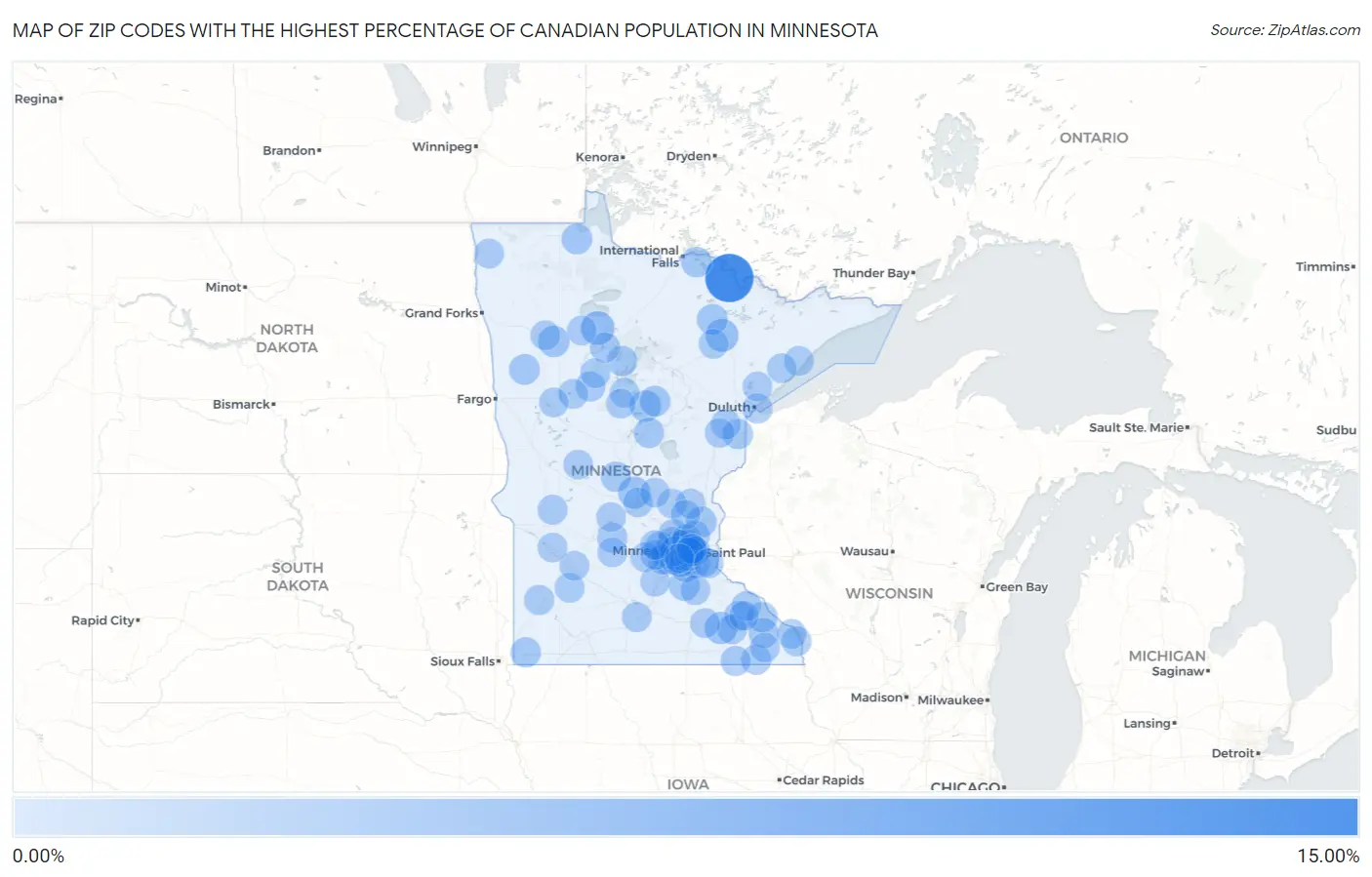 Zip Codes with the Highest Percentage of Canadian Population in Minnesota Map