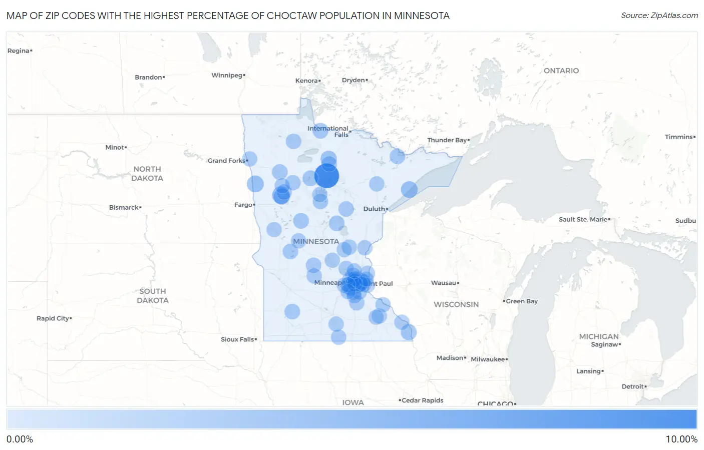 Zip Codes with the Highest Percentage of Choctaw Population in Minnesota Map