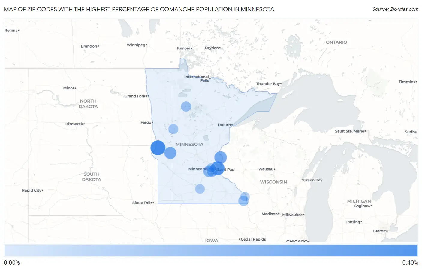 Zip Codes with the Highest Percentage of Comanche Population in Minnesota Map