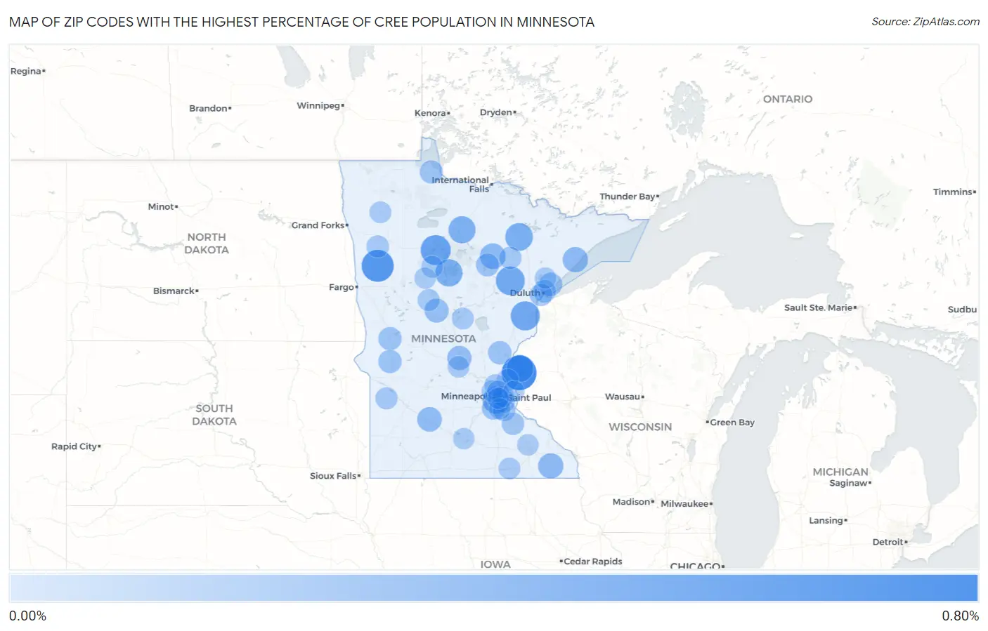 Zip Codes with the Highest Percentage of Cree Population in Minnesota Map