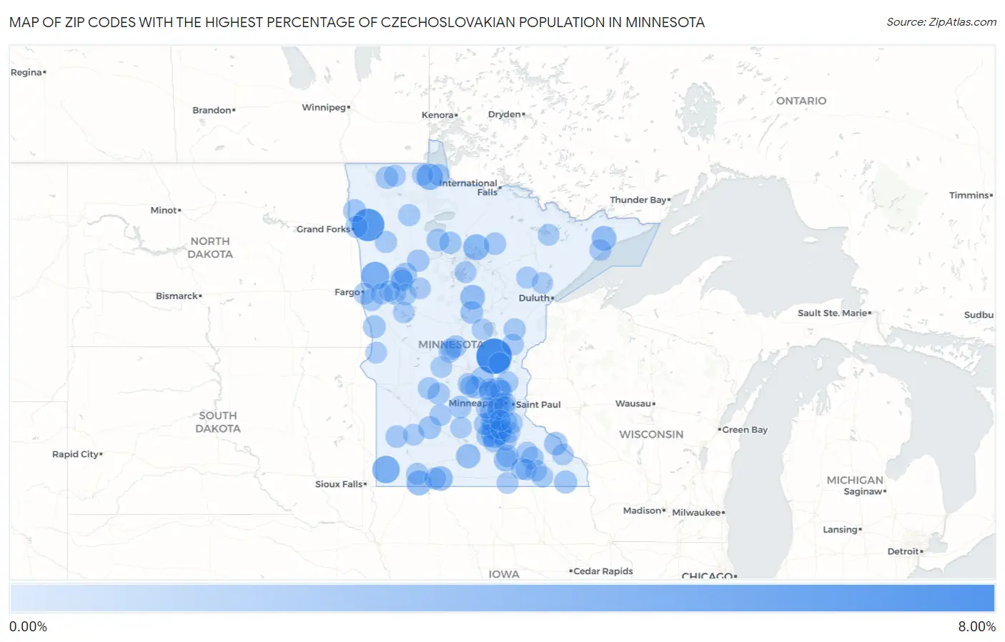 Zip Codes with the Highest Percentage of Czechoslovakian Population in Minnesota Map