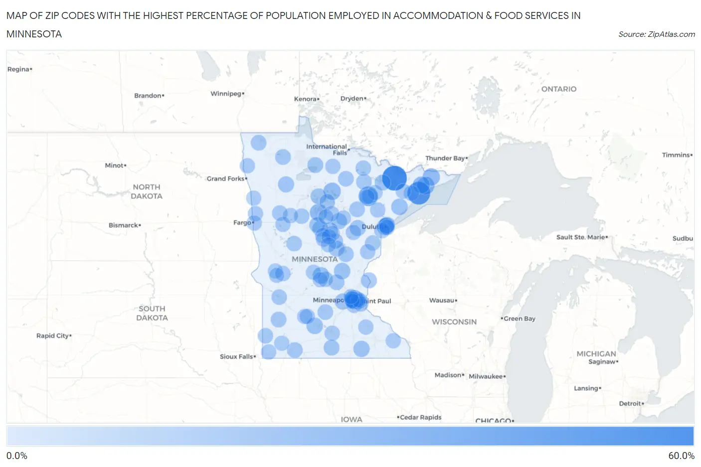 Zip Codes with the Highest Percentage of Population Employed in Accommodation & Food Services in Minnesota Map
