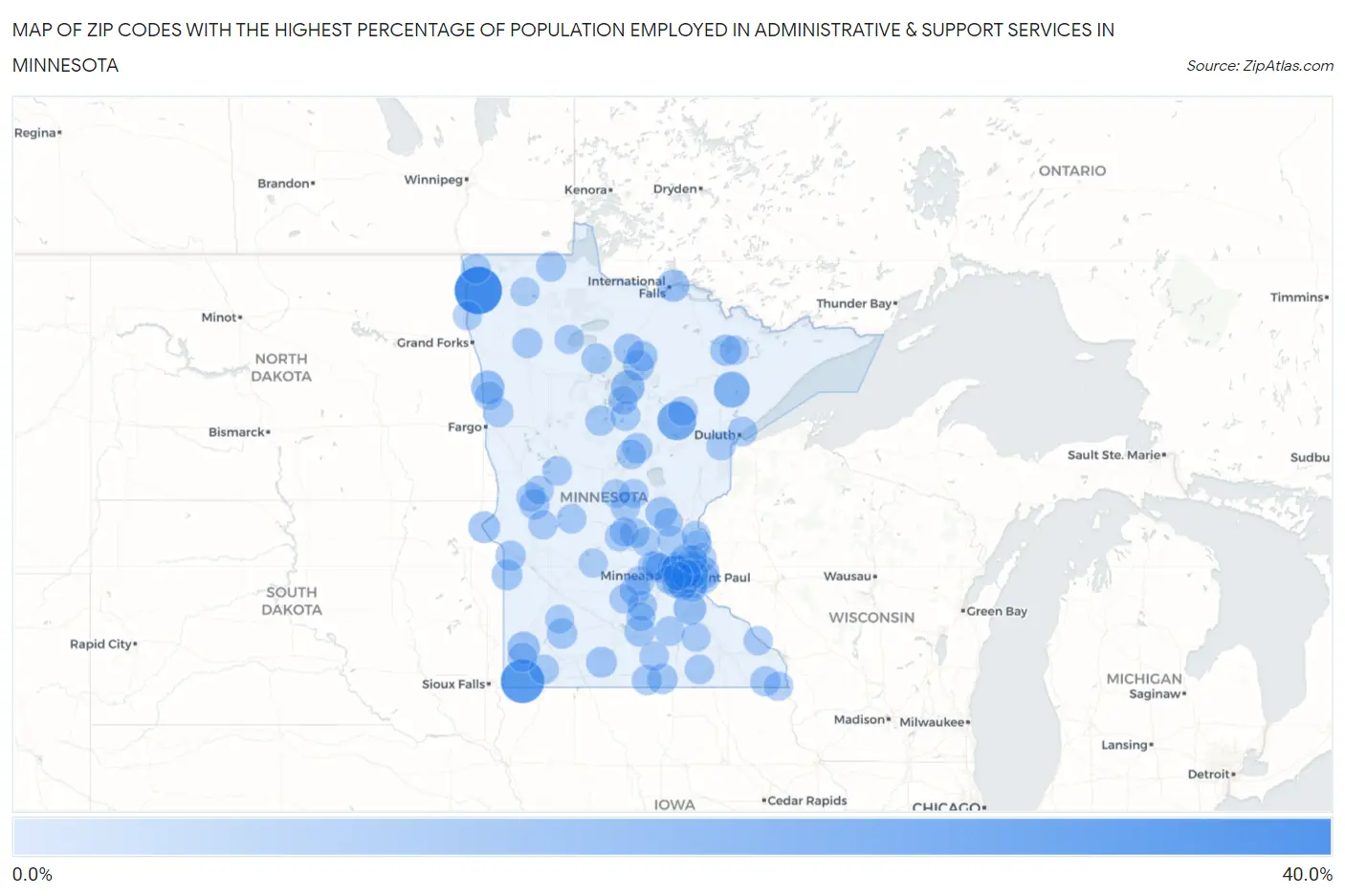 Zip Codes with the Highest Percentage of Population Employed in Administrative & Support Services in Minnesota Map