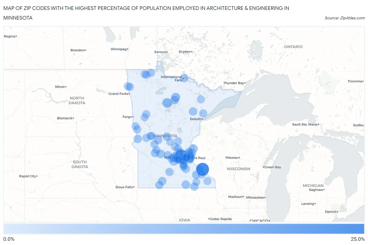 Zip Codes with the Highest Percentage of Population Employed in Architecture & Engineering in Minnesota Map