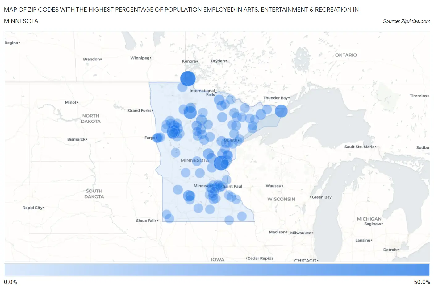 Zip Codes with the Highest Percentage of Population Employed in Arts, Entertainment & Recreation in Minnesota Map