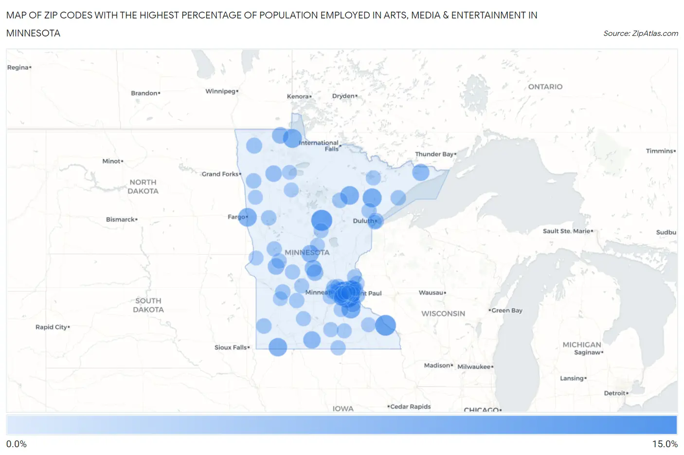 Zip Codes with the Highest Percentage of Population Employed in Arts, Media & Entertainment in Minnesota Map