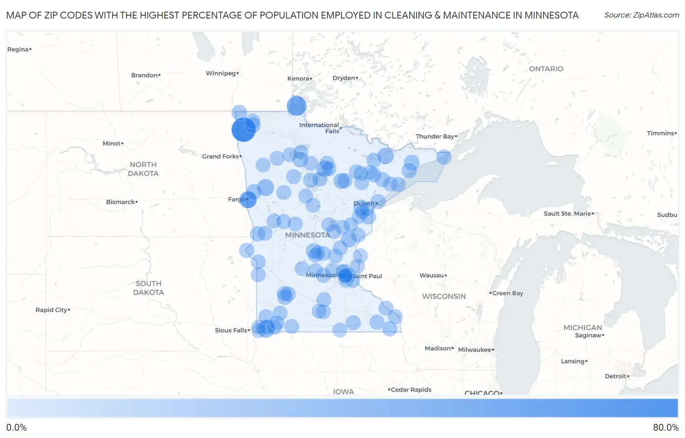 Zip Codes with the Highest Percentage of Population Employed in Cleaning & Maintenance in Minnesota Map