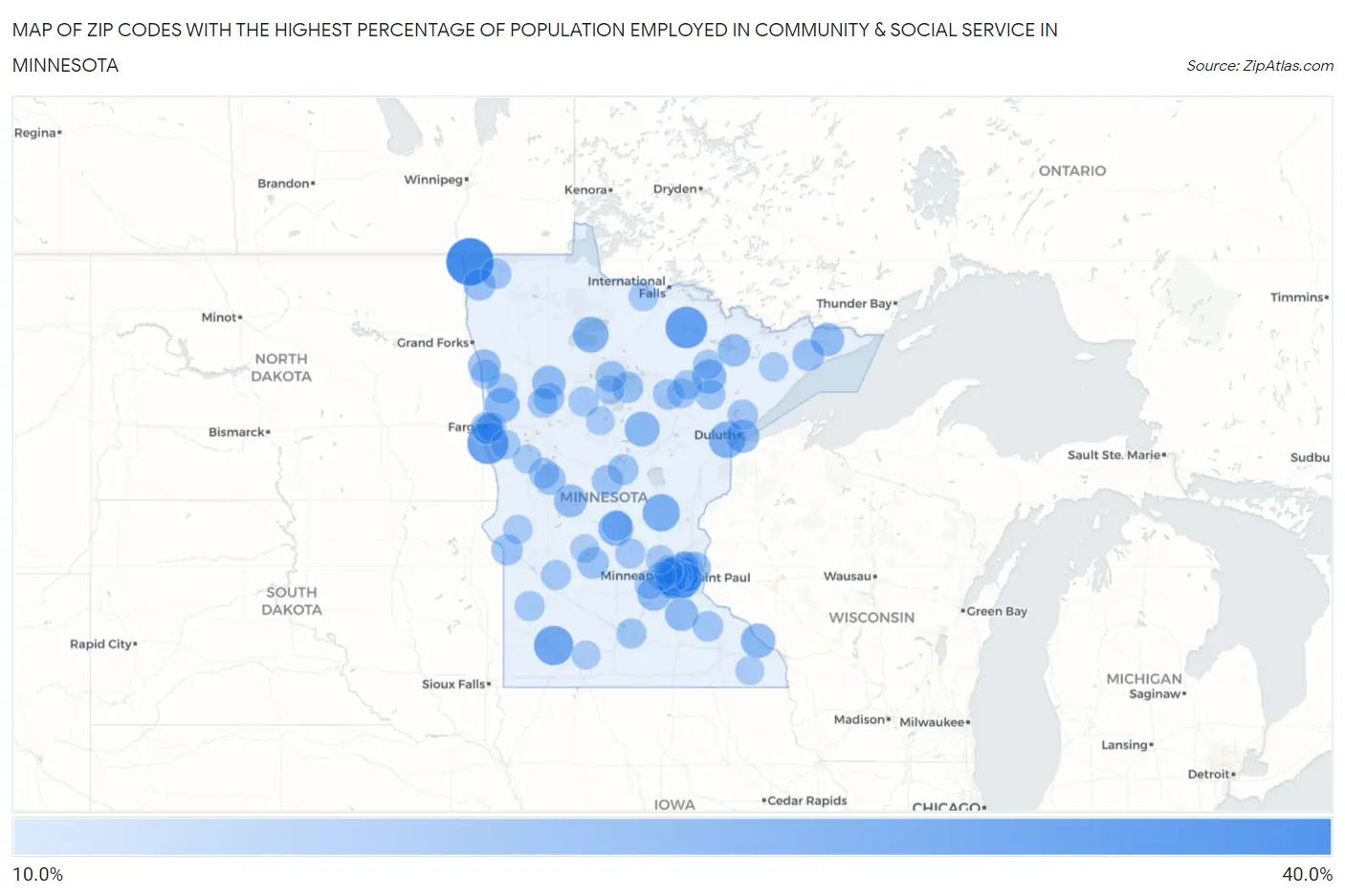 Zip Codes with the Highest Percentage of Population Employed in Community & Social Service  in Minnesota Map