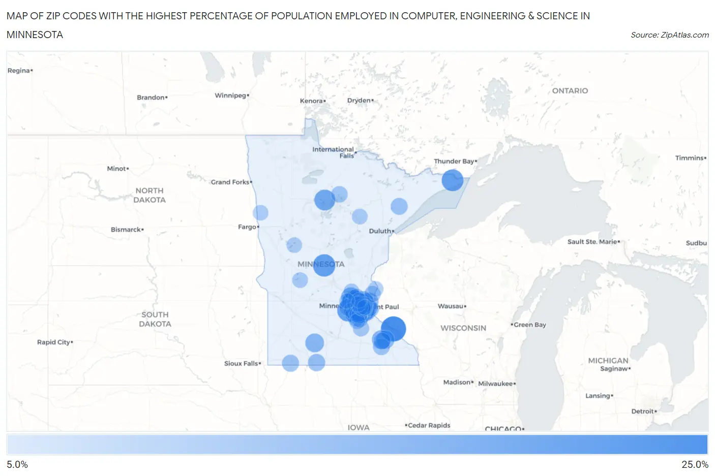 Zip Codes with the Highest Percentage of Population Employed in Computer, Engineering & Science in Minnesota Map