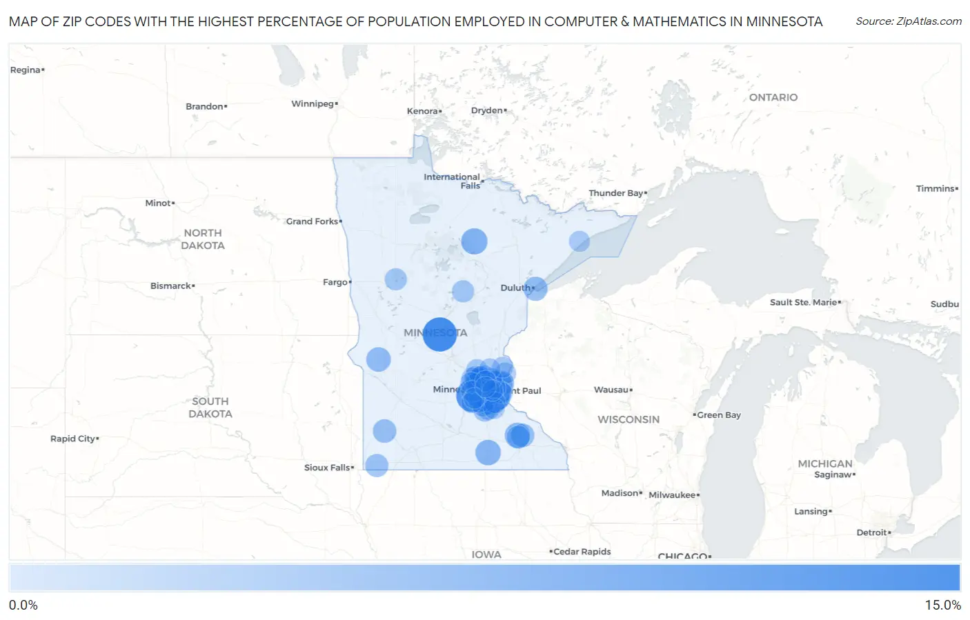 Zip Codes with the Highest Percentage of Population Employed in Computer & Mathematics in Minnesota Map