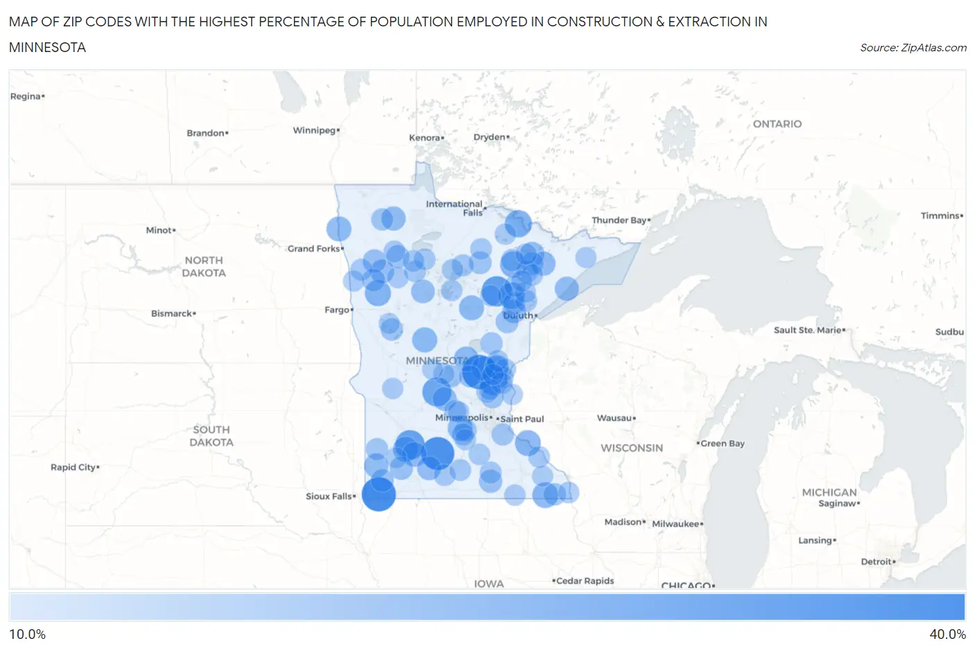 Zip Codes with the Highest Percentage of Population Employed in Construction & Extraction in Minnesota Map