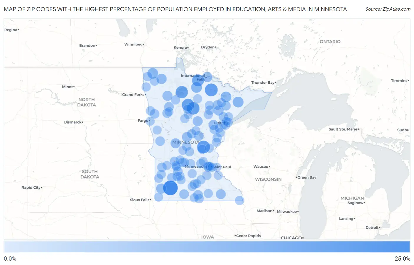 Zip Codes with the Highest Percentage of Population Employed in Education, Arts & Media in Minnesota Map