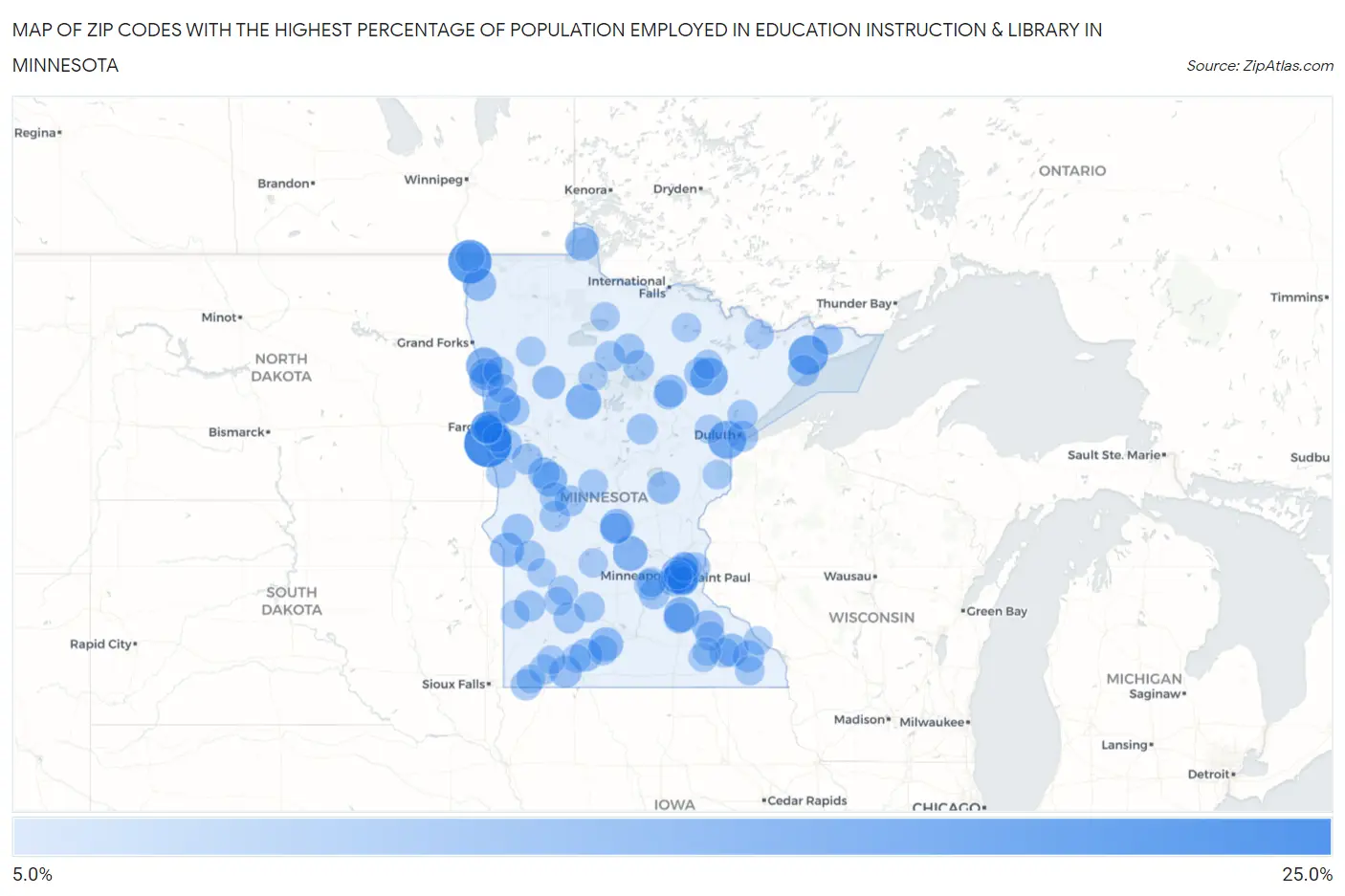 Zip Codes with the Highest Percentage of Population Employed in Education Instruction & Library in Minnesota Map