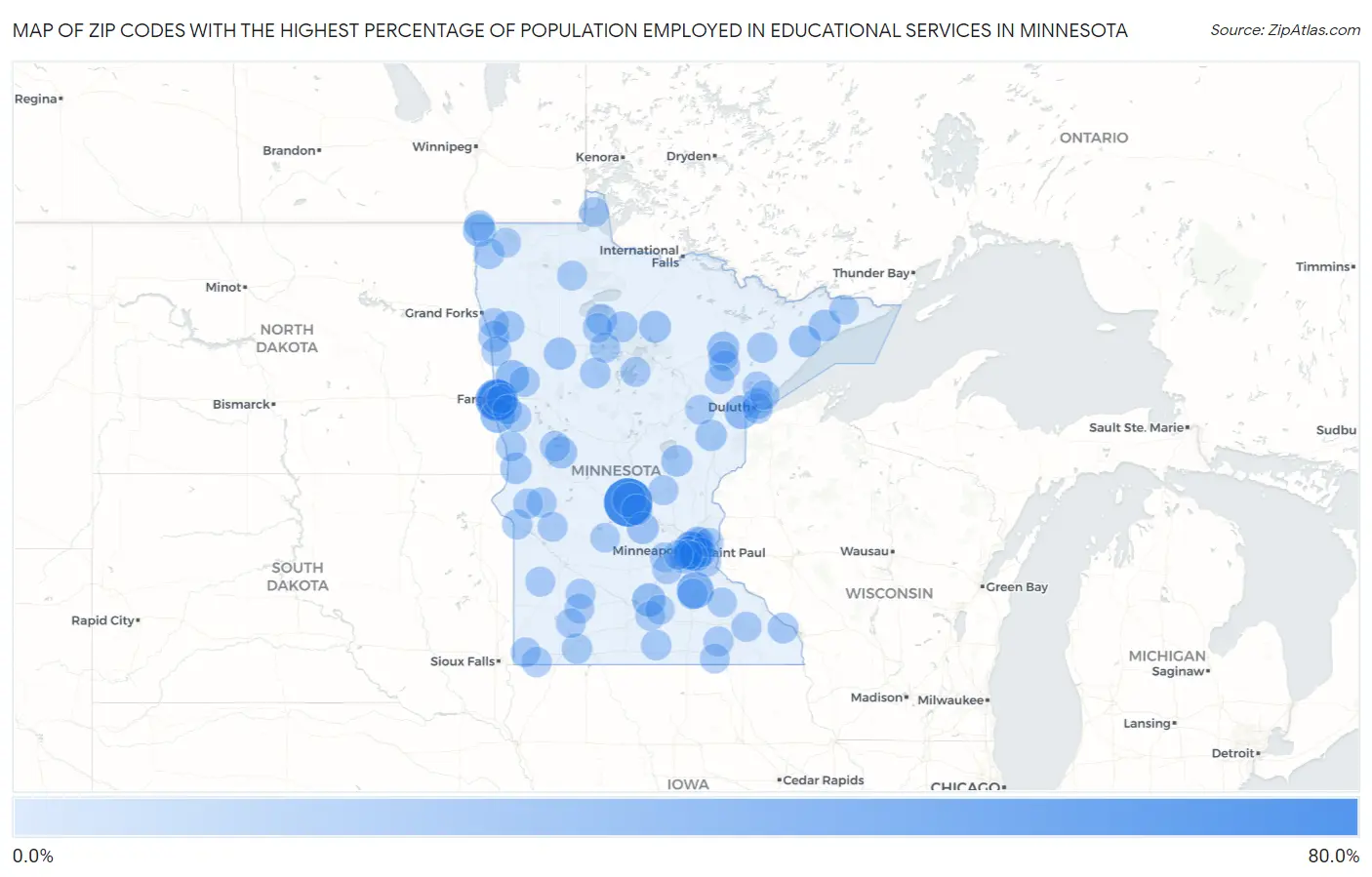 Zip Codes with the Highest Percentage of Population Employed in Educational Services in Minnesota Map