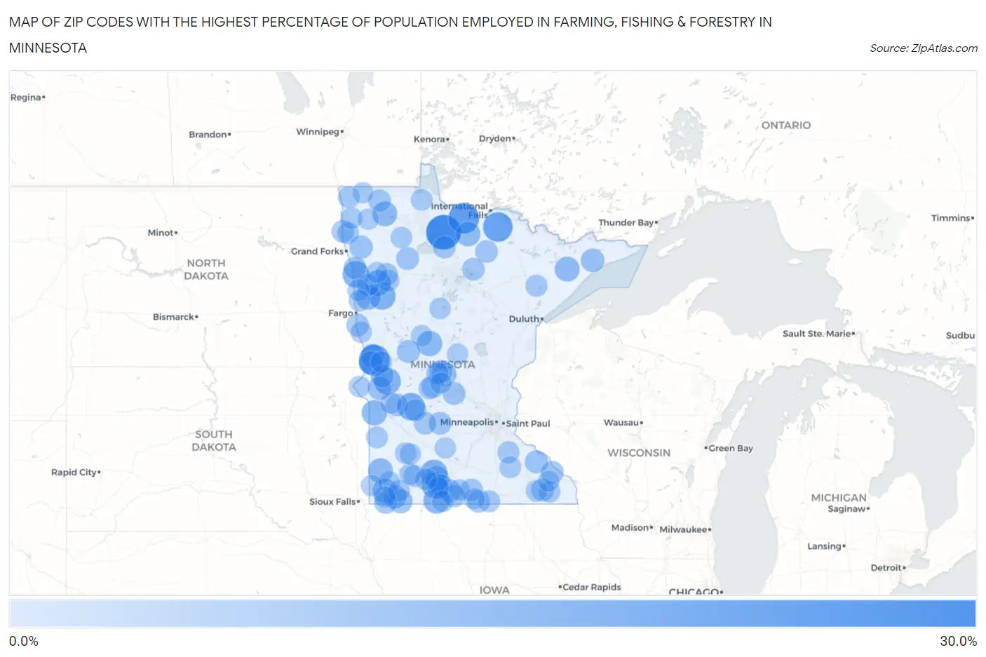 Zip Codes with the Highest Percentage of Population Employed in Farming, Fishing & Forestry in Minnesota Map