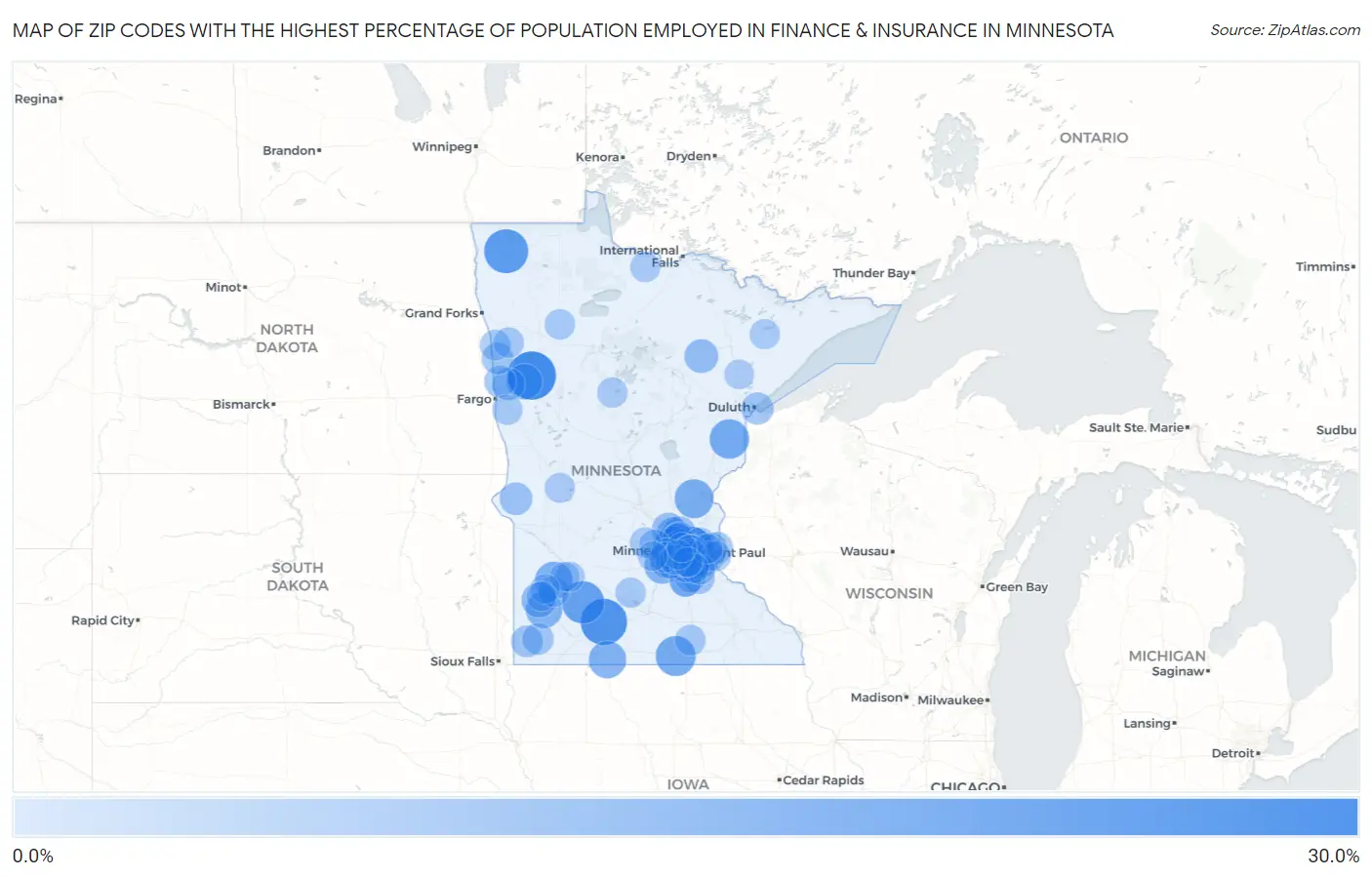 Zip Codes with the Highest Percentage of Population Employed in Finance & Insurance in Minnesota Map