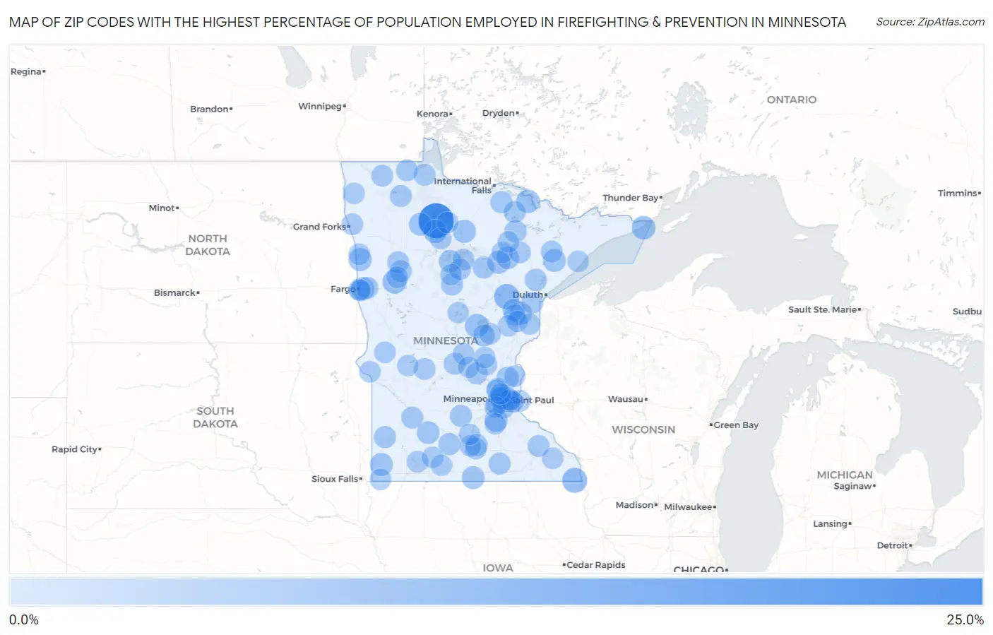 Zip Codes with the Highest Percentage of Population Employed in Firefighting & Prevention in Minnesota Map