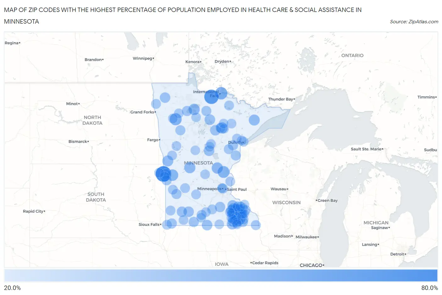 Zip Codes with the Highest Percentage of Population Employed in Health Care & Social Assistance in Minnesota Map