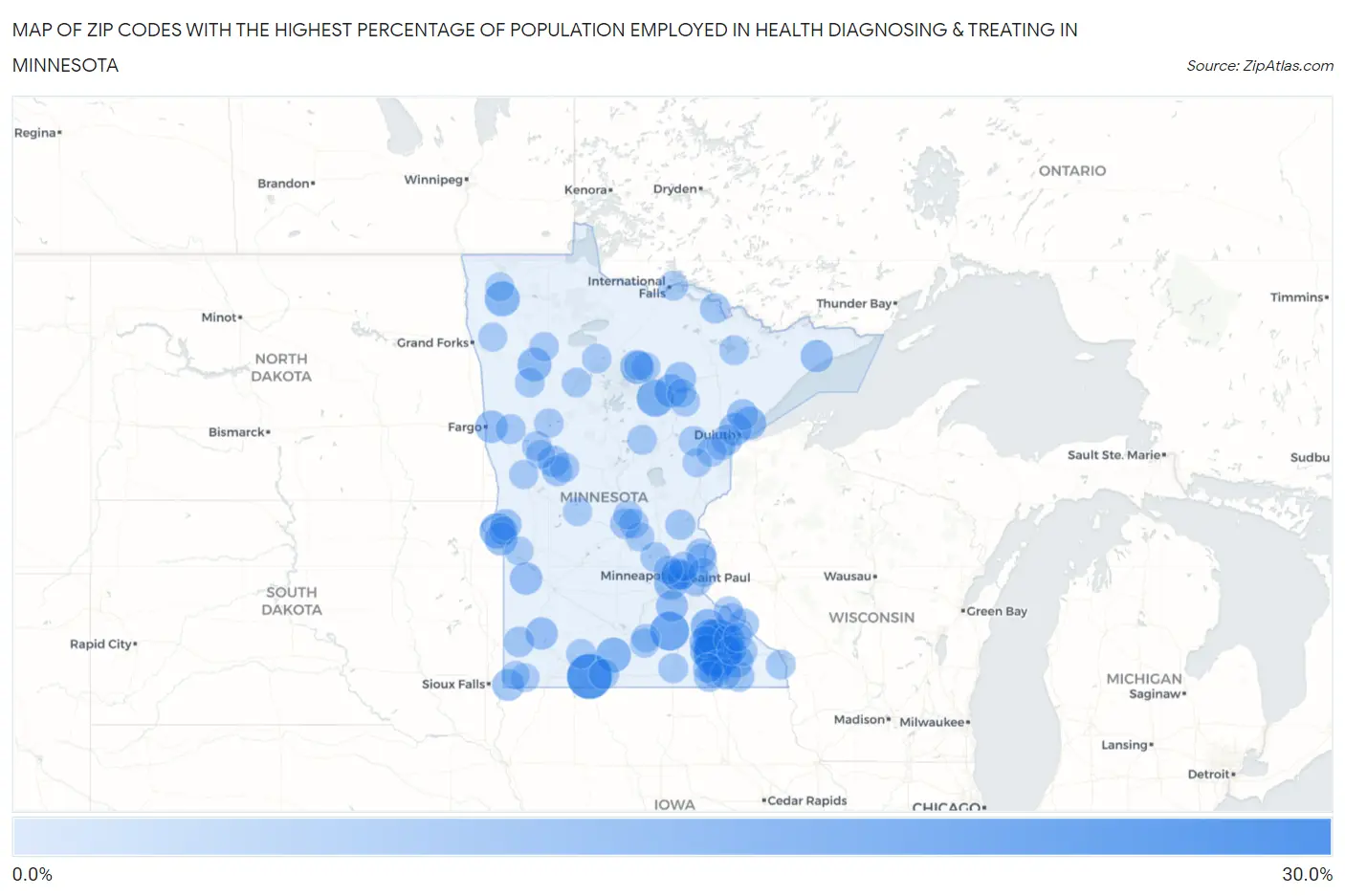 Zip Codes with the Highest Percentage of Population Employed in Health Diagnosing & Treating in Minnesota Map