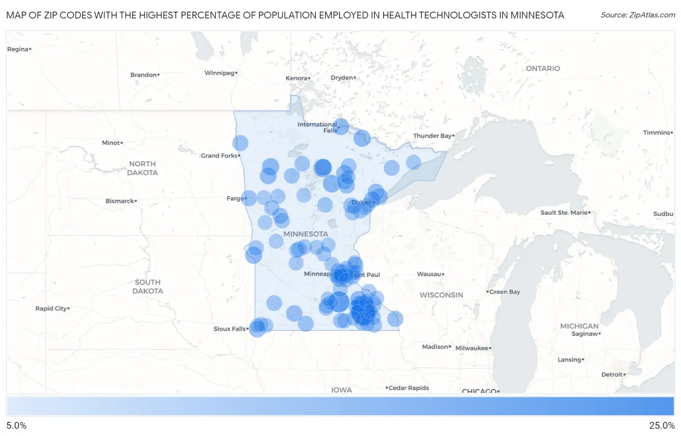 Zip Codes with the Highest Percentage of Population Employed in Health Technologists in Minnesota Map
