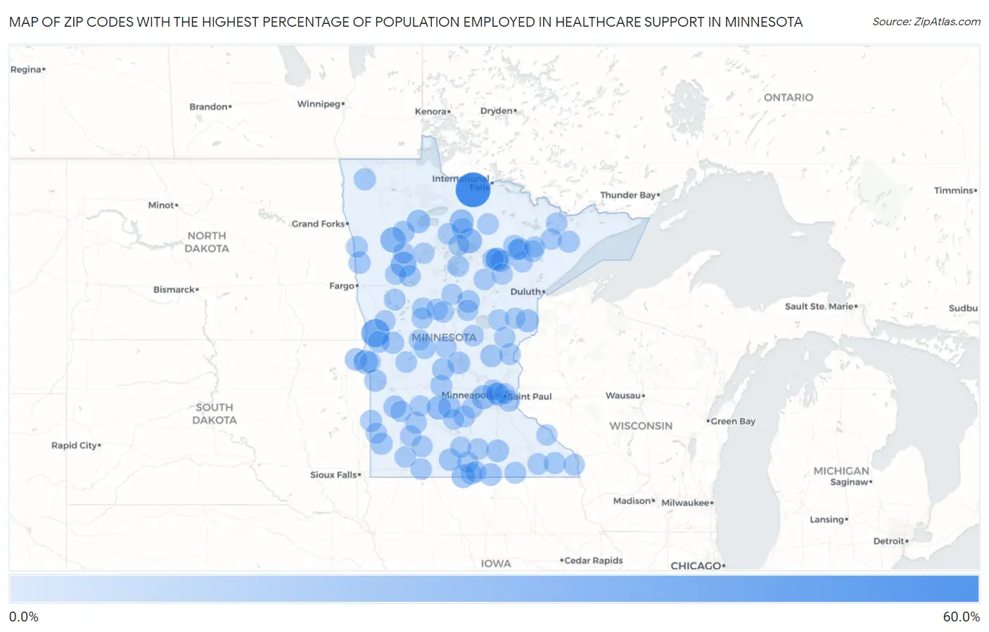 Zip Codes with the Highest Percentage of Population Employed in Healthcare Support in Minnesota Map