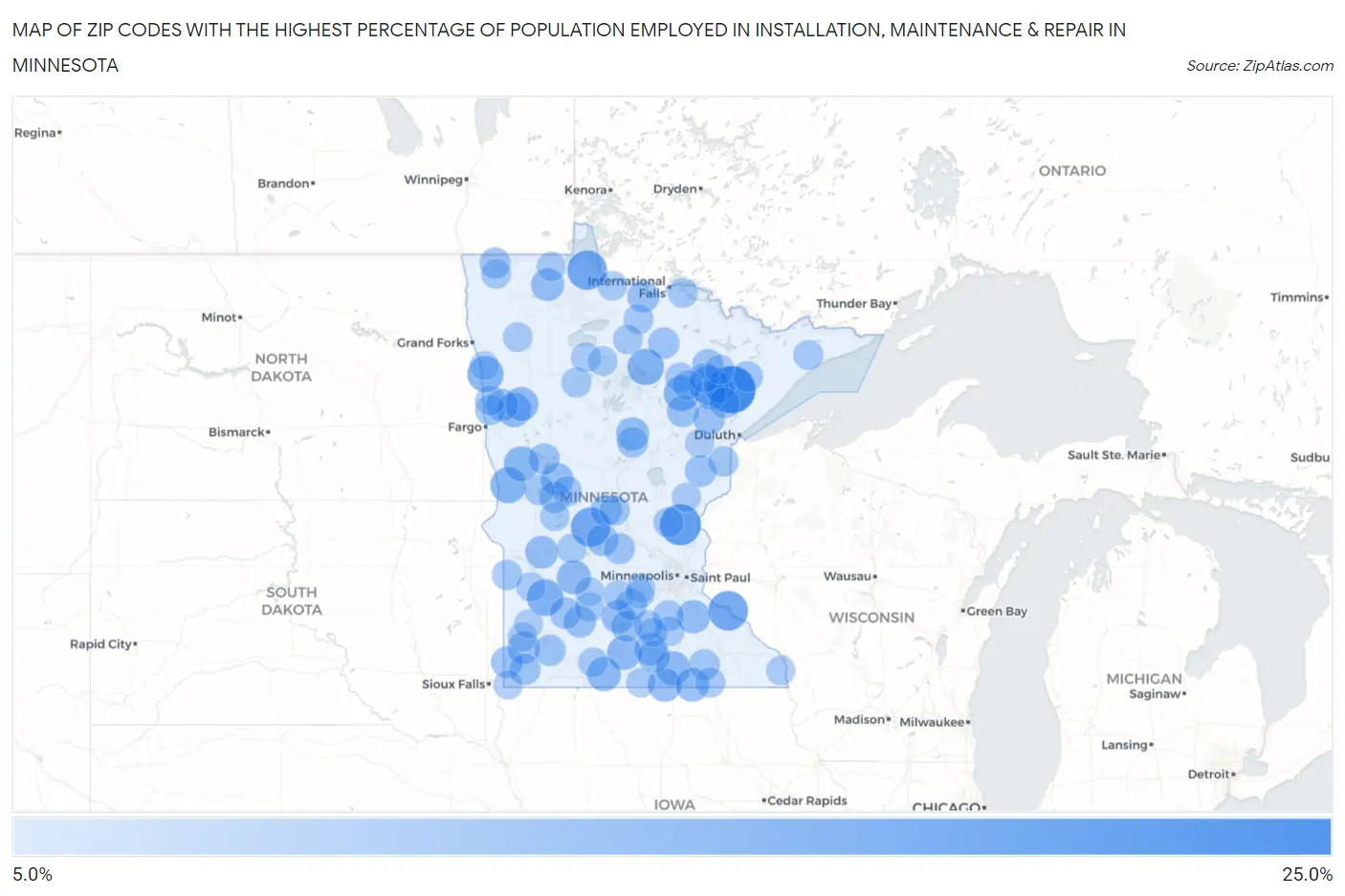 Zip Codes with the Highest Percentage of Population Employed in Installation, Maintenance & Repair in Minnesota Map