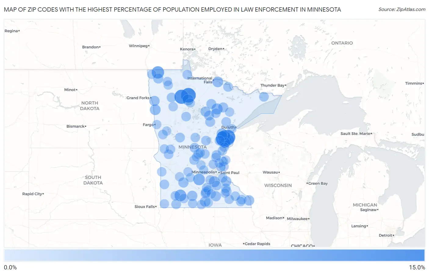 Zip Codes with the Highest Percentage of Population Employed in Law Enforcement in Minnesota Map