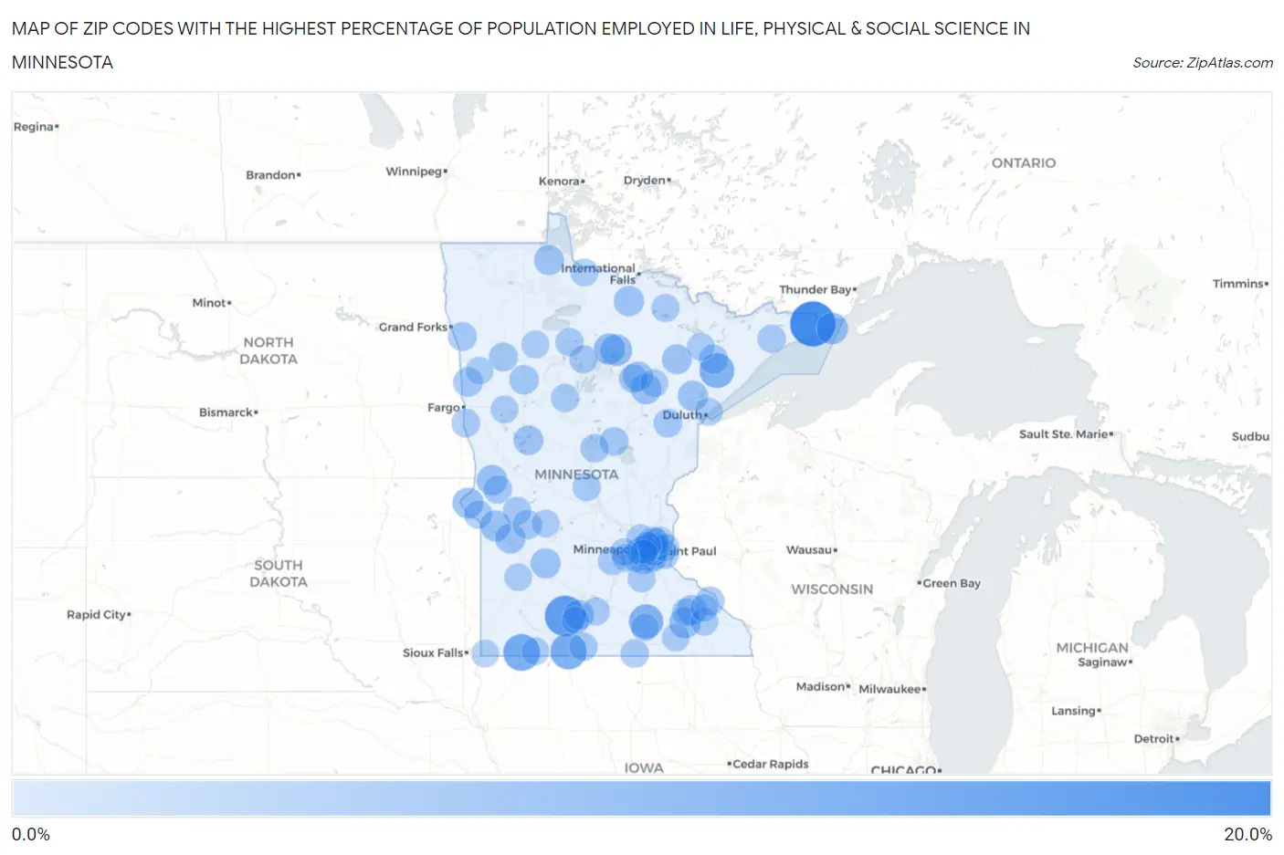 Zip Codes with the Highest Percentage of Population Employed in Life, Physical & Social Science in Minnesota Map