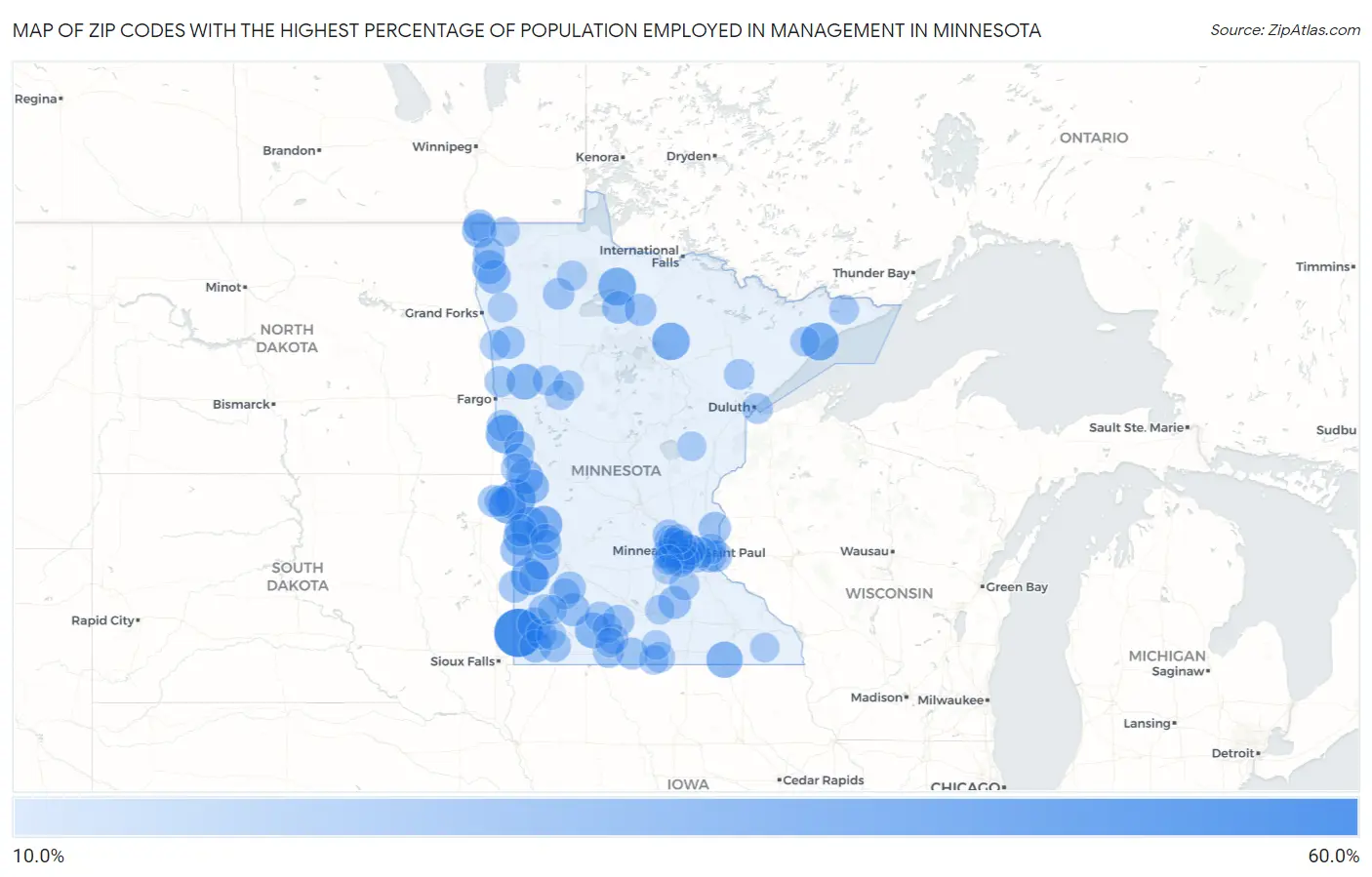 Zip Codes with the Highest Percentage of Population Employed in Management in Minnesota Map