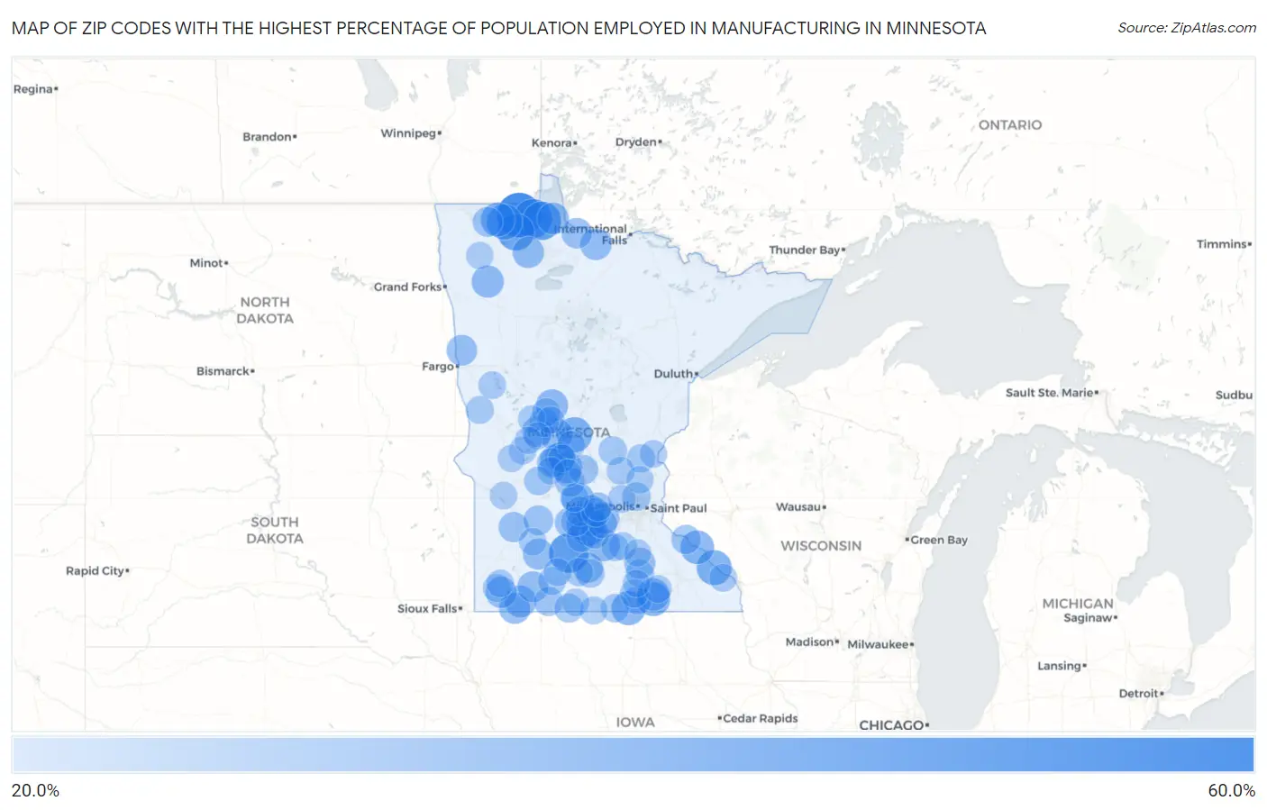 Zip Codes with the Highest Percentage of Population Employed in Manufacturing in Minnesota Map